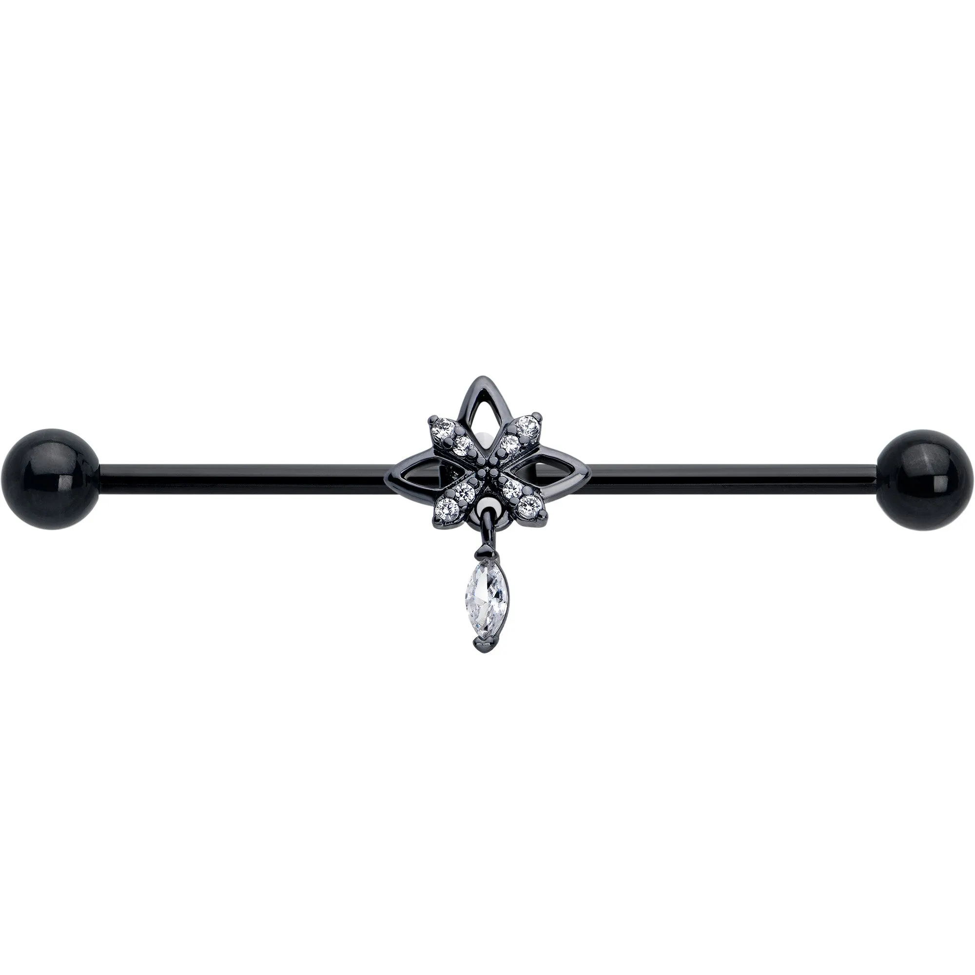 14 Gauge Clear CZ Gem Black Gothic Star Dangle Industrial Barbell 38mm