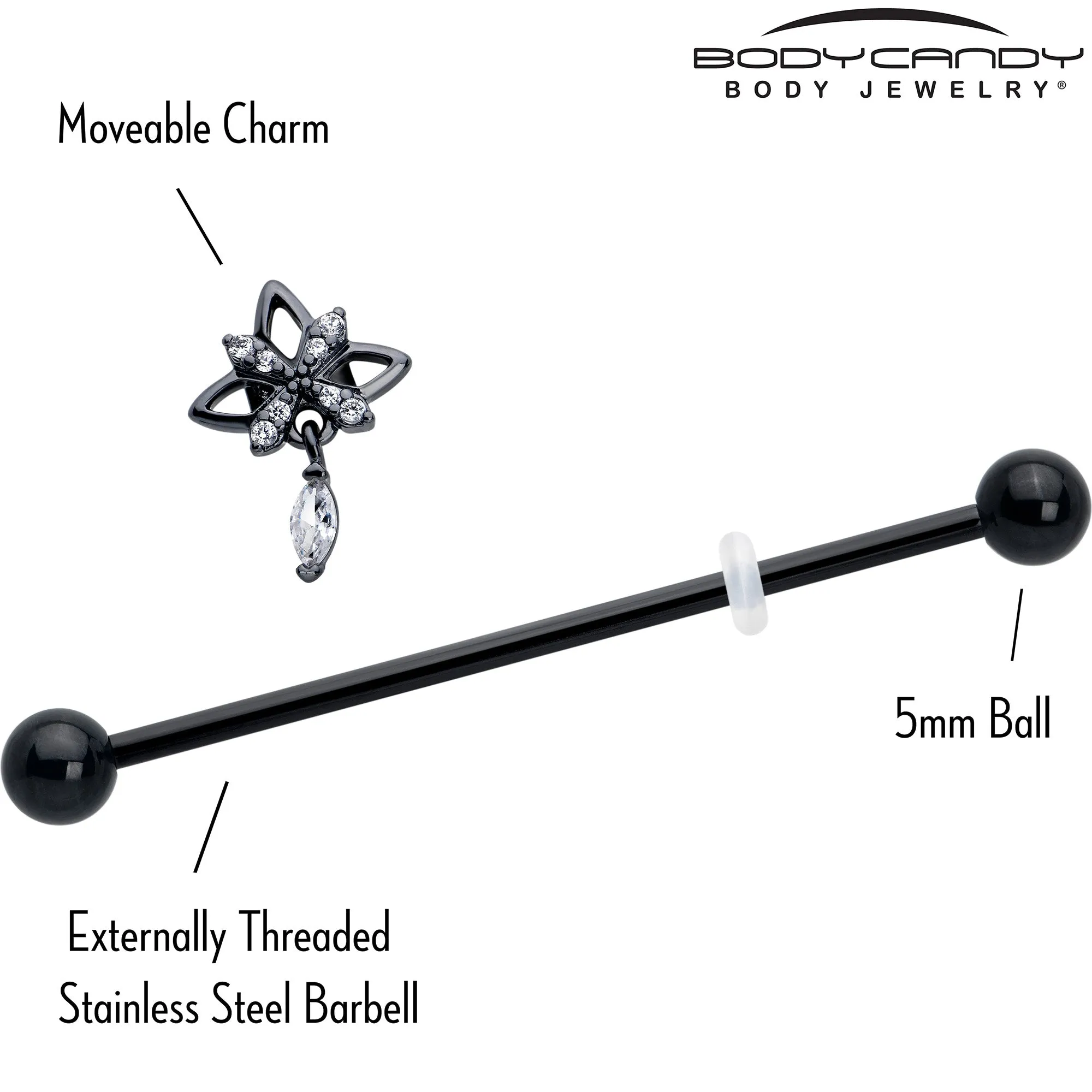 14 Gauge Clear CZ Gem Black Gothic Star Dangle Industrial Barbell 38mm