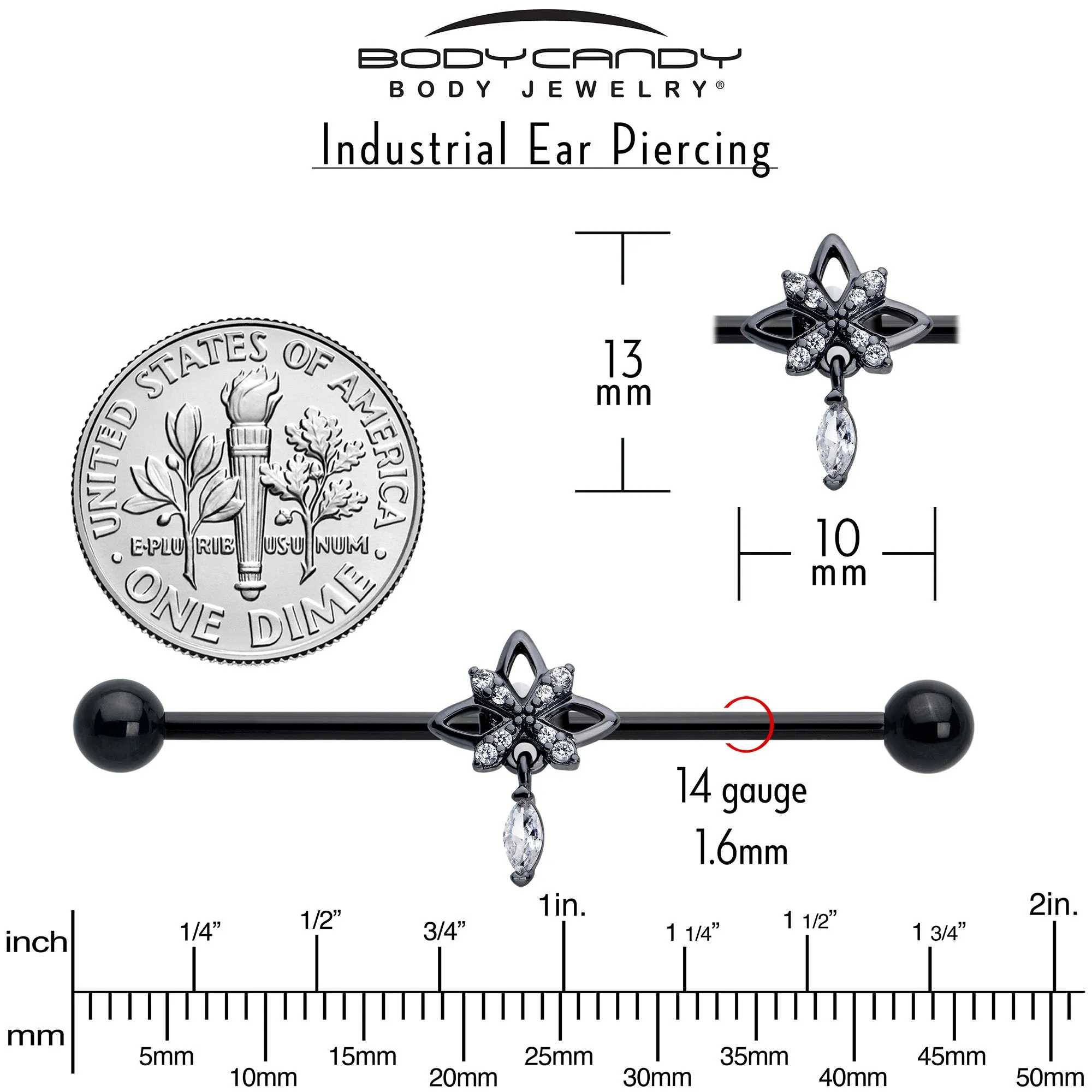 14 Gauge Clear CZ Gem Black Gothic Star Dangle Industrial Barbell 38mm