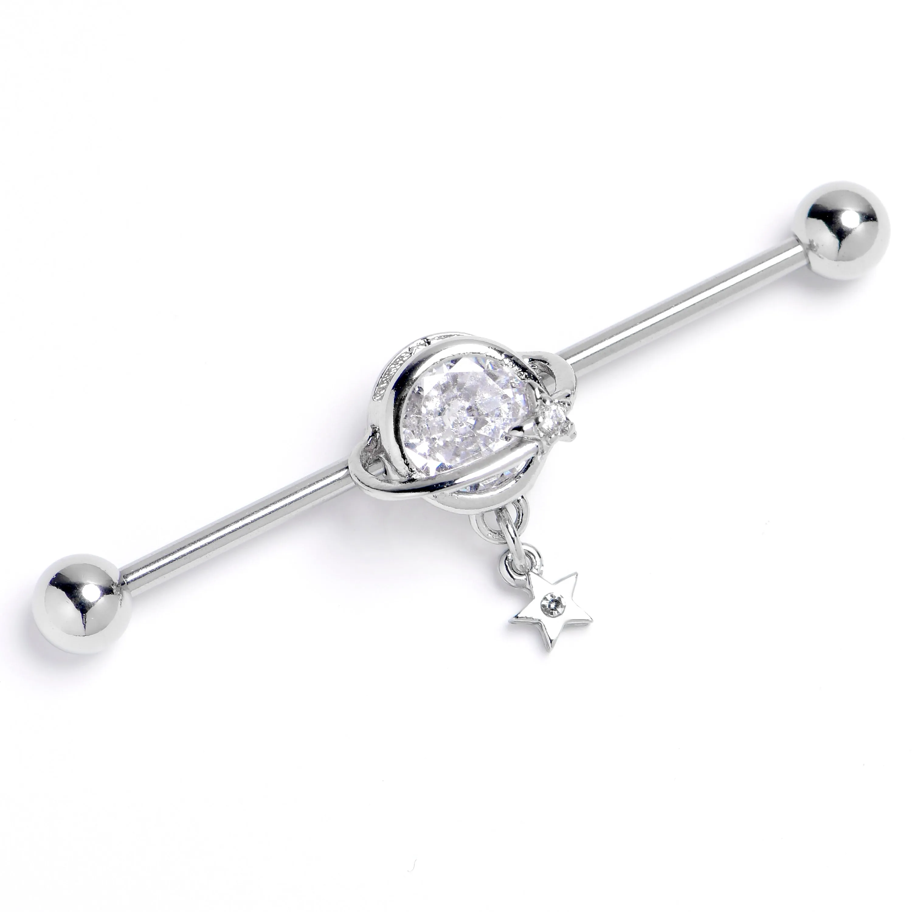 14 Gauge Clear Gem Starry Saturn Dangle Industrial Barbell 38mm