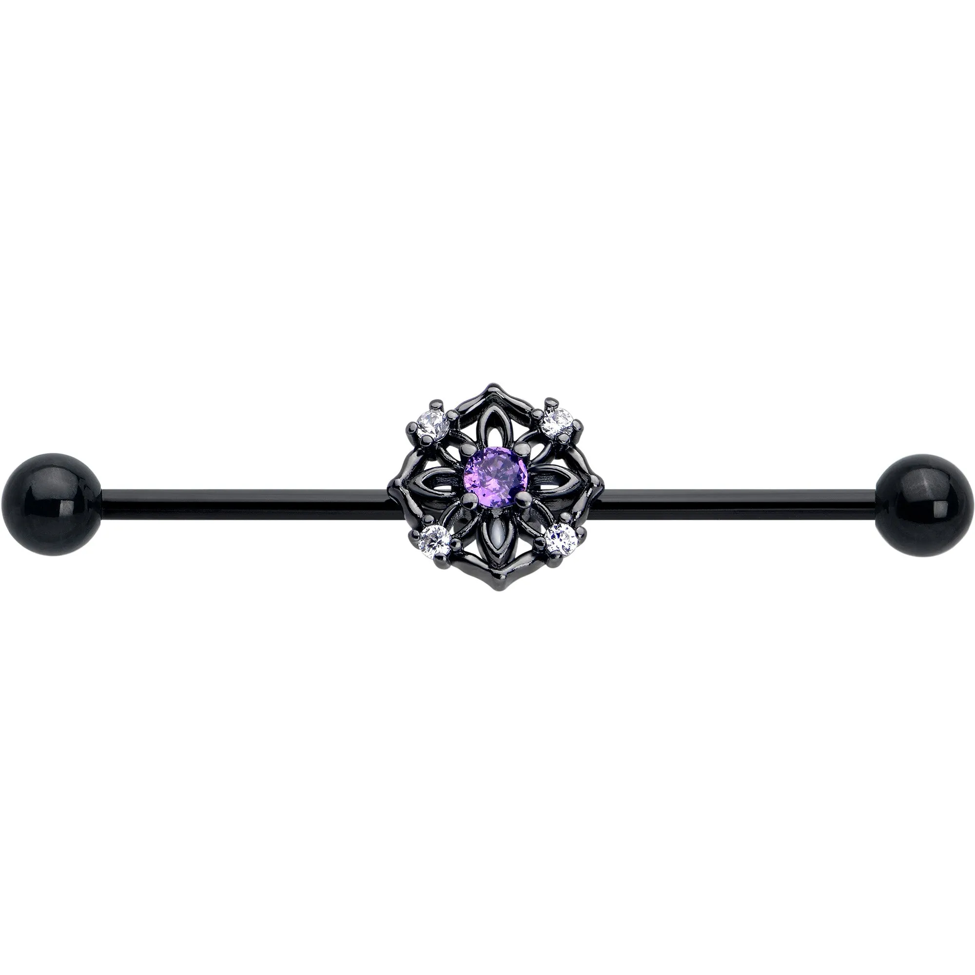 14 Gauge Purple CZ Gem Black Flower Ring Industrial Barbell 38mm