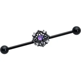 14 Gauge Purple CZ Gem Black Flower Ring Industrial Barbell 38mm