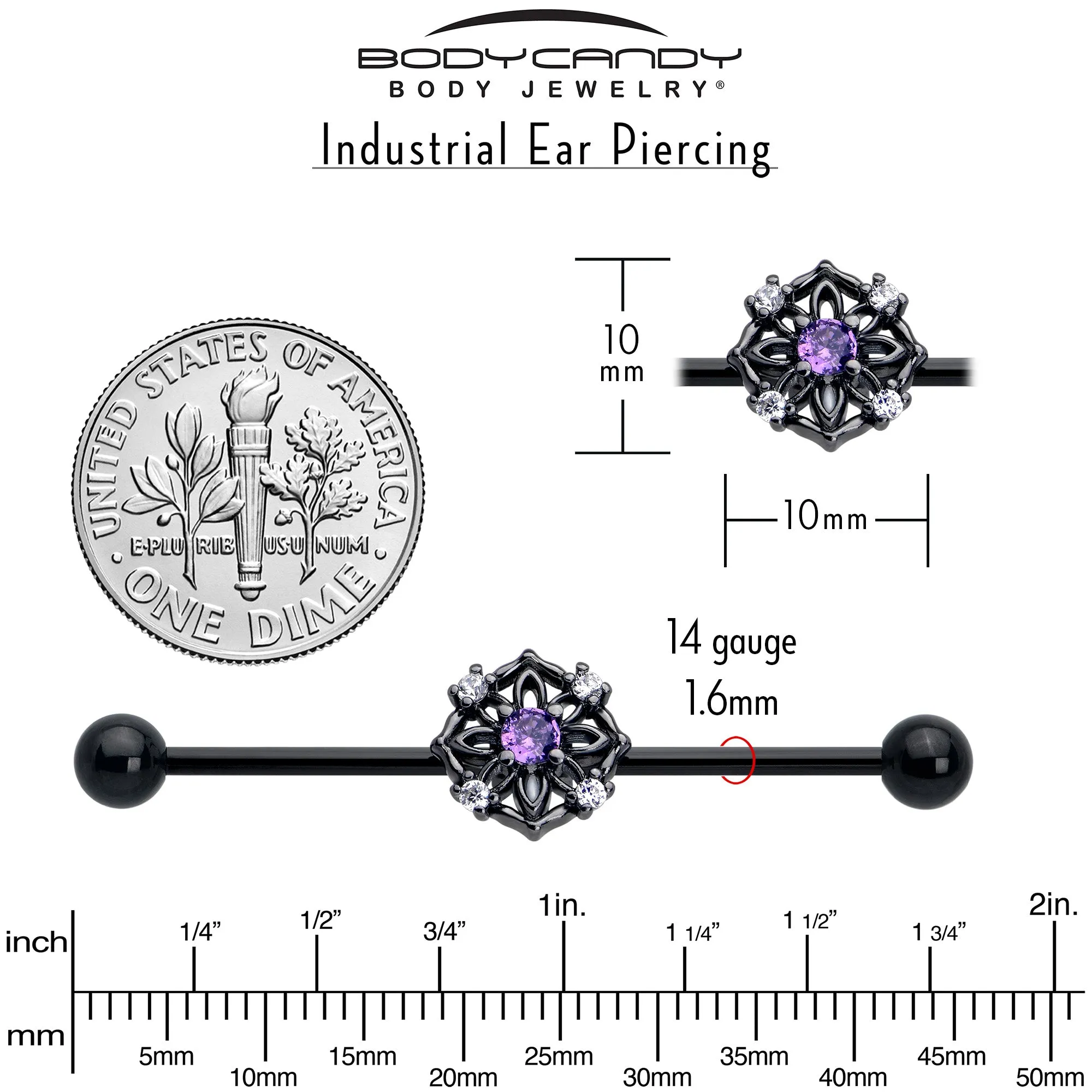 14 Gauge Purple CZ Gem Black Flower Ring Industrial Barbell 38mm