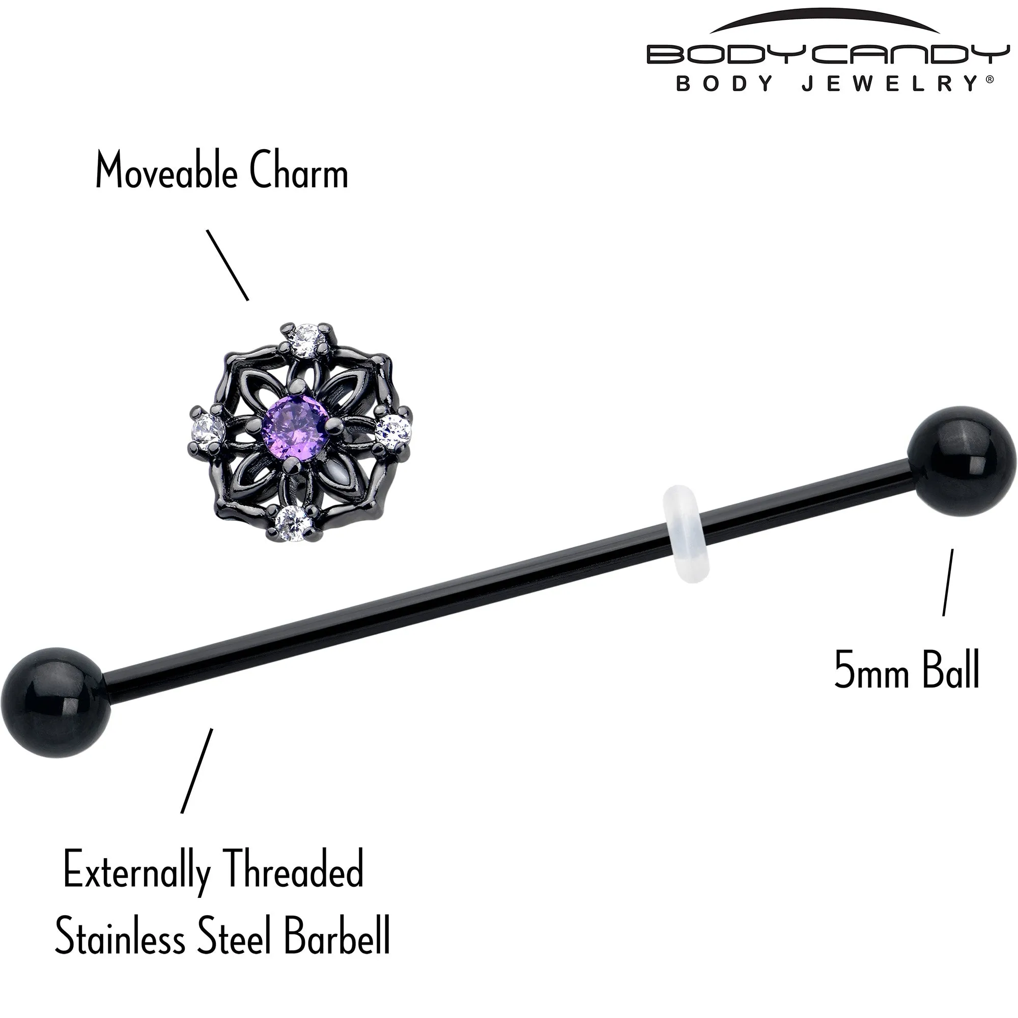 14 Gauge Purple CZ Gem Black Flower Ring Industrial Barbell 38mm