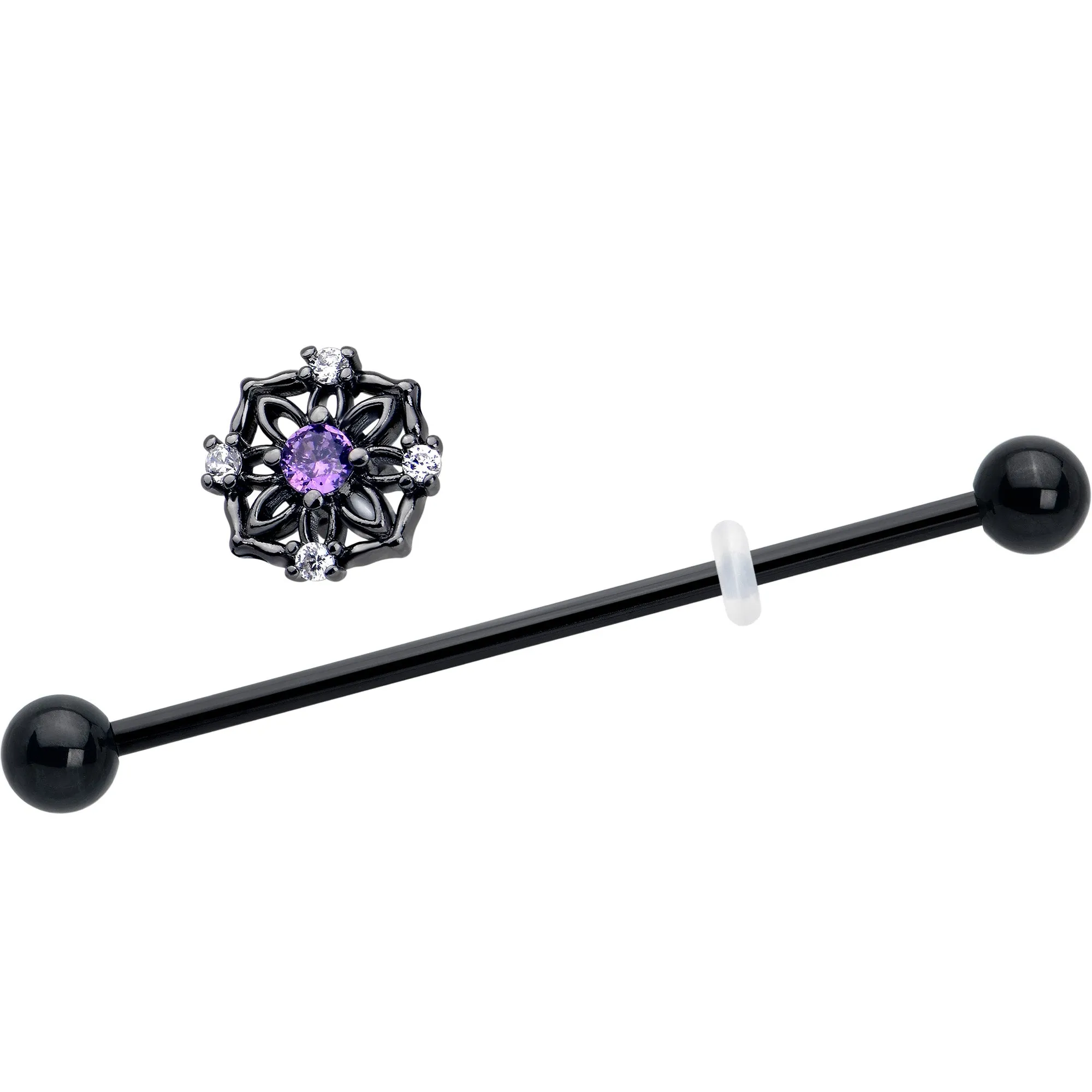 14 Gauge Purple CZ Gem Black Flower Ring Industrial Barbell 38mm