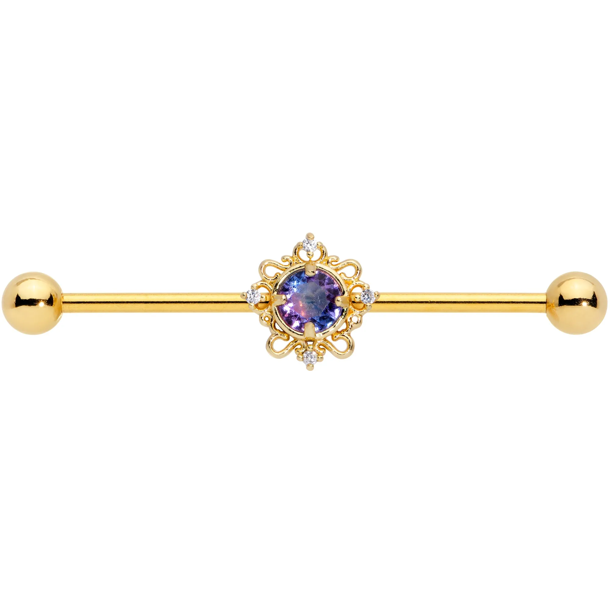 14 Gauge Purple Tourmaline Gold Tone Filigree Industrial Barbell 38mm