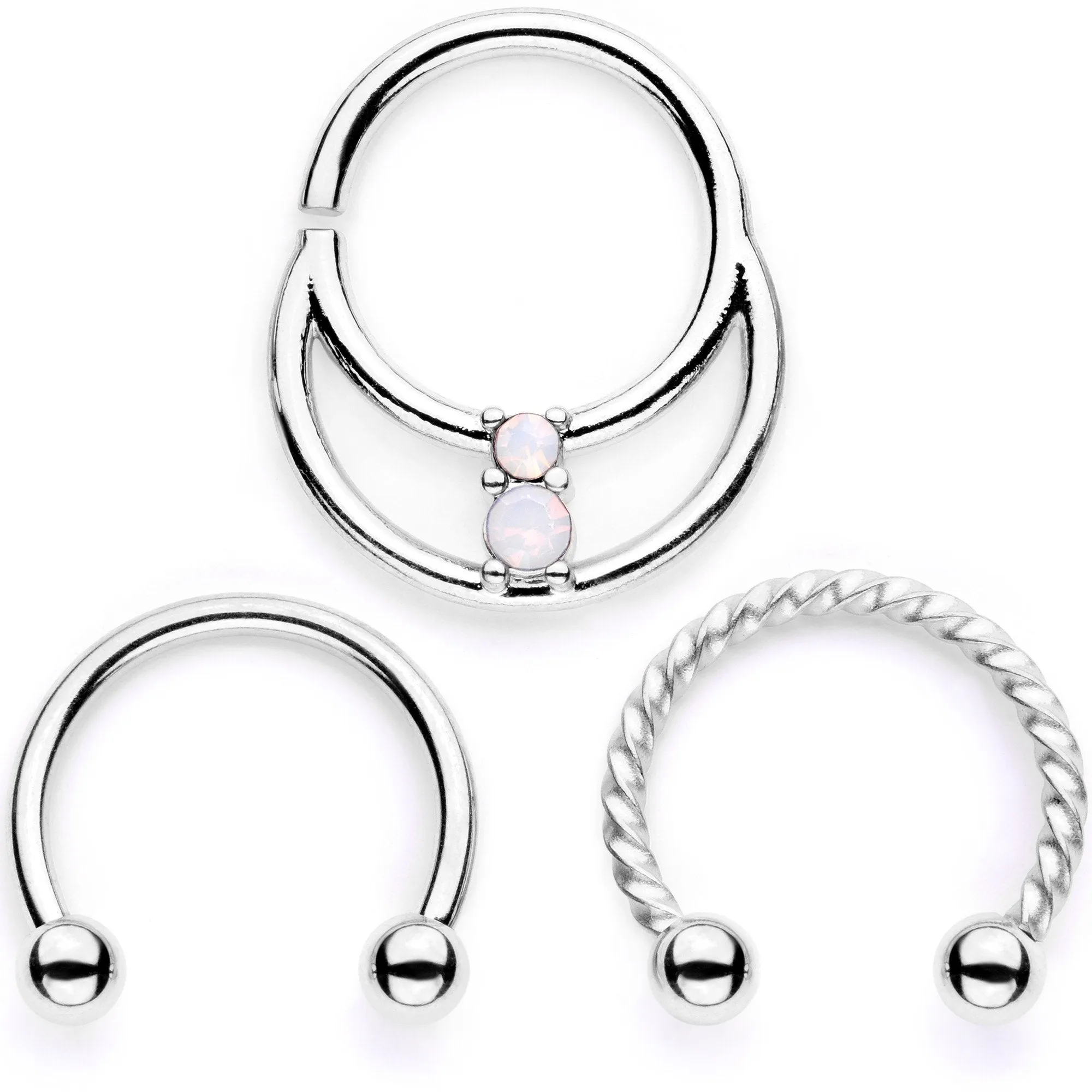 16 Gauge 3/8 White Faux Opal Twisted Horseshoe Closure Ring Set