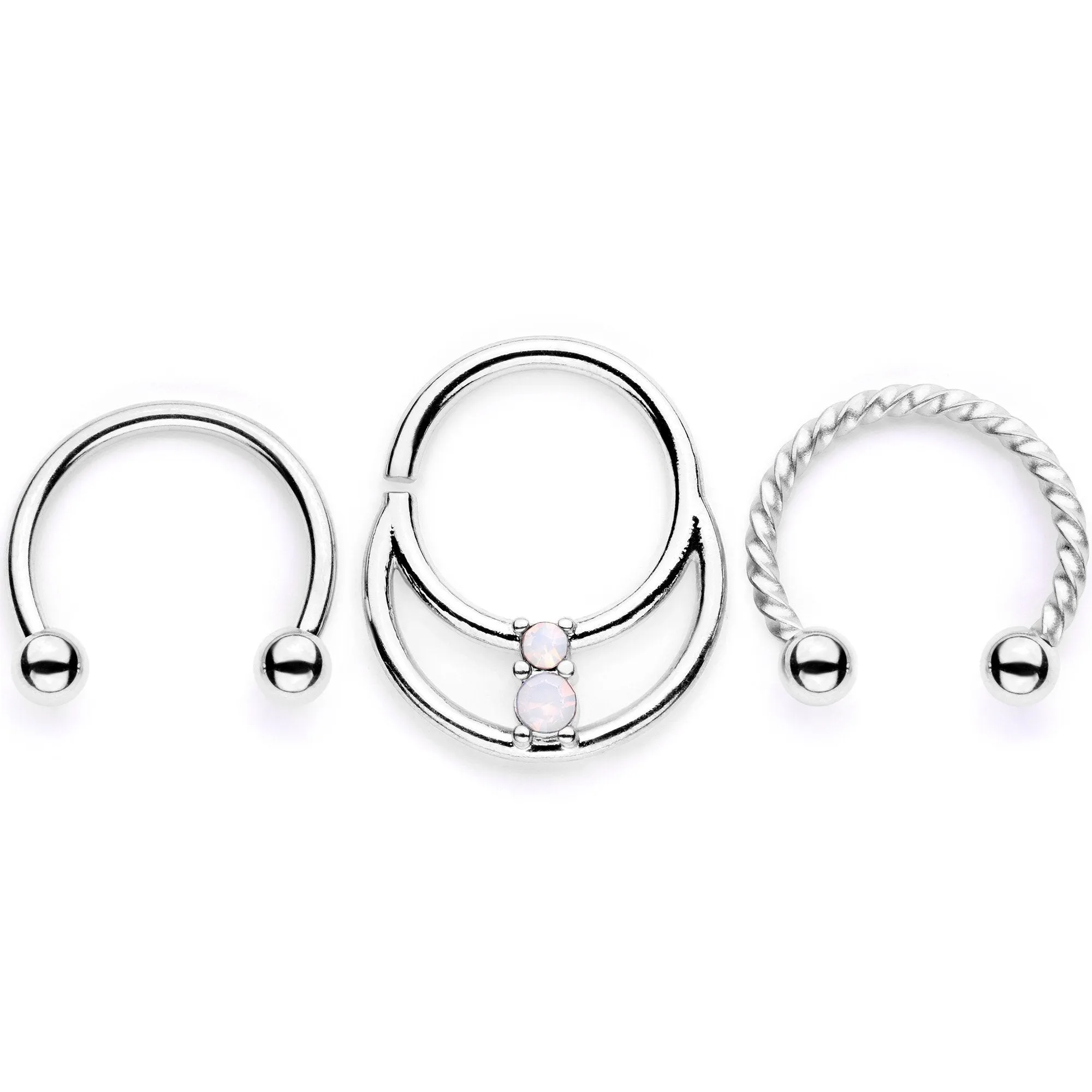 16 Gauge 3/8 White Faux Opal Twisted Horseshoe Closure Ring Set