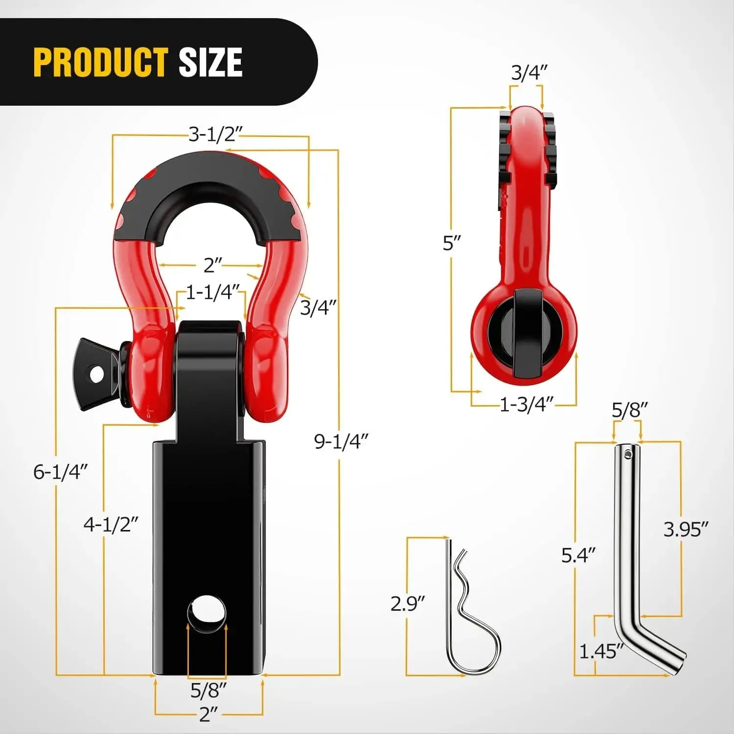 2 Inch Shackle Hitch Receiver 3/4 Inch D Ring Kit Black Red