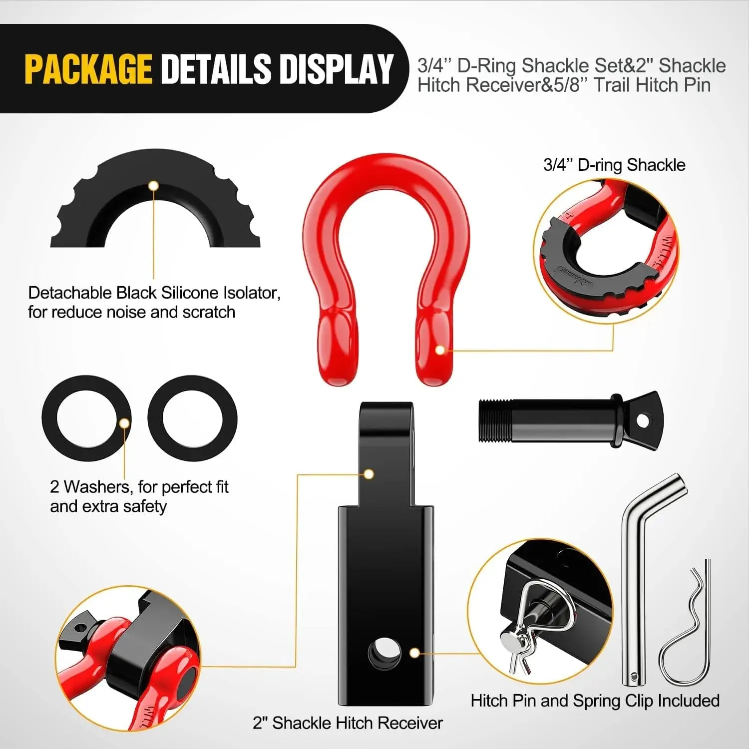 2 Inch Shackle Hitch Receiver 3/4 Inch D Ring Kit Black Red