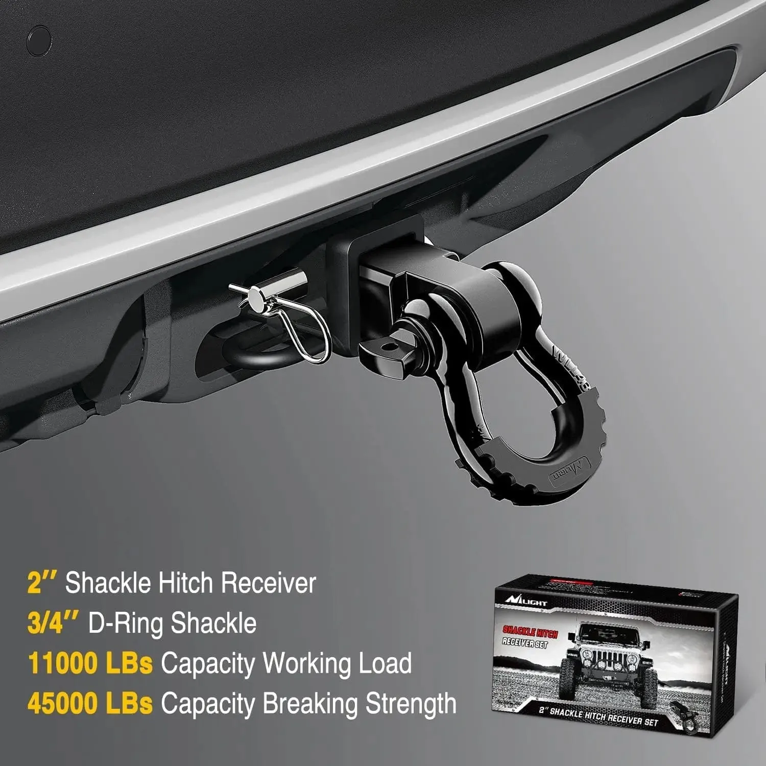 2 Inch Shackle Hitch Receiver 3/4 Inch D Ring Kit Black