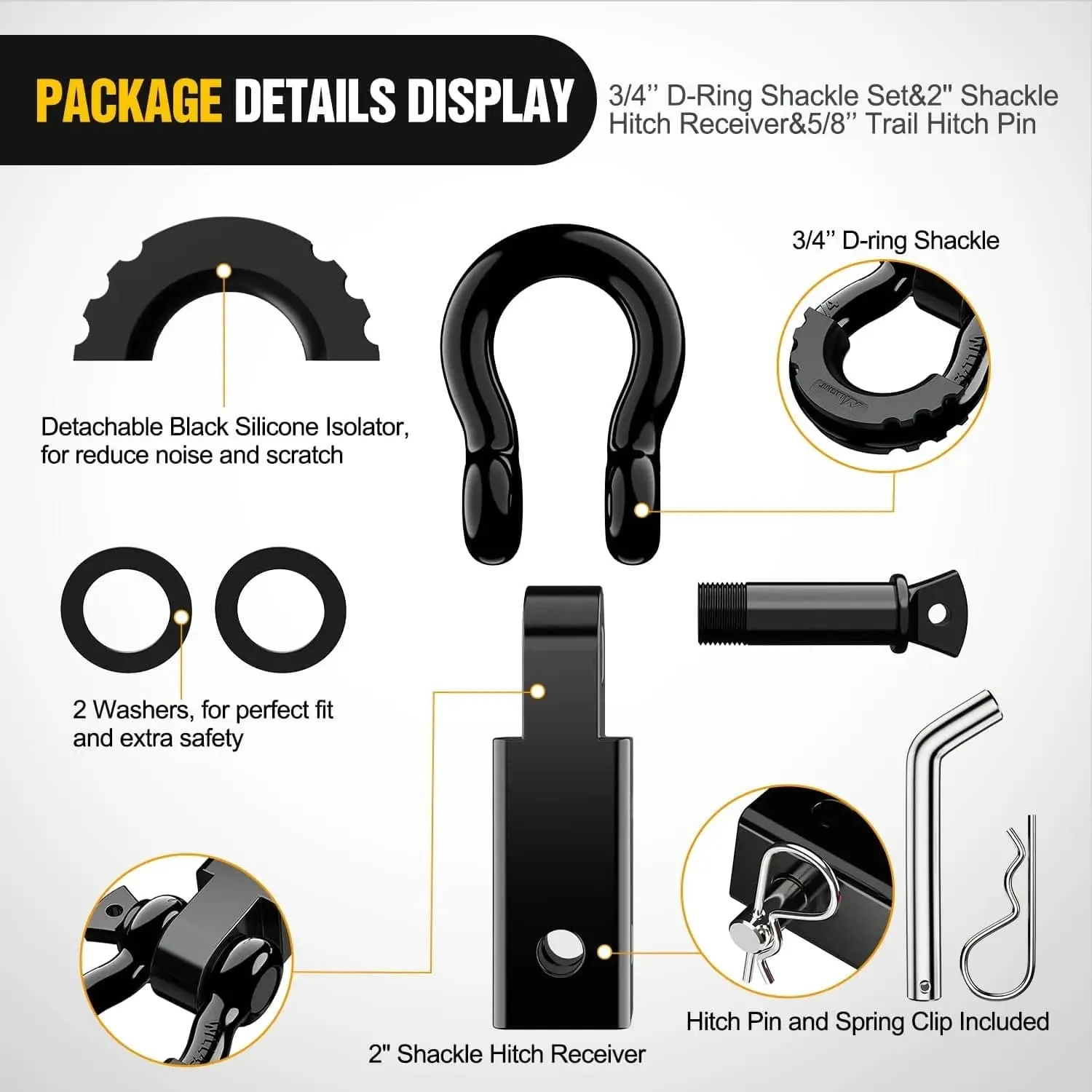 2 Inch Shackle Hitch Receiver 3/4 Inch D Ring Kit Black