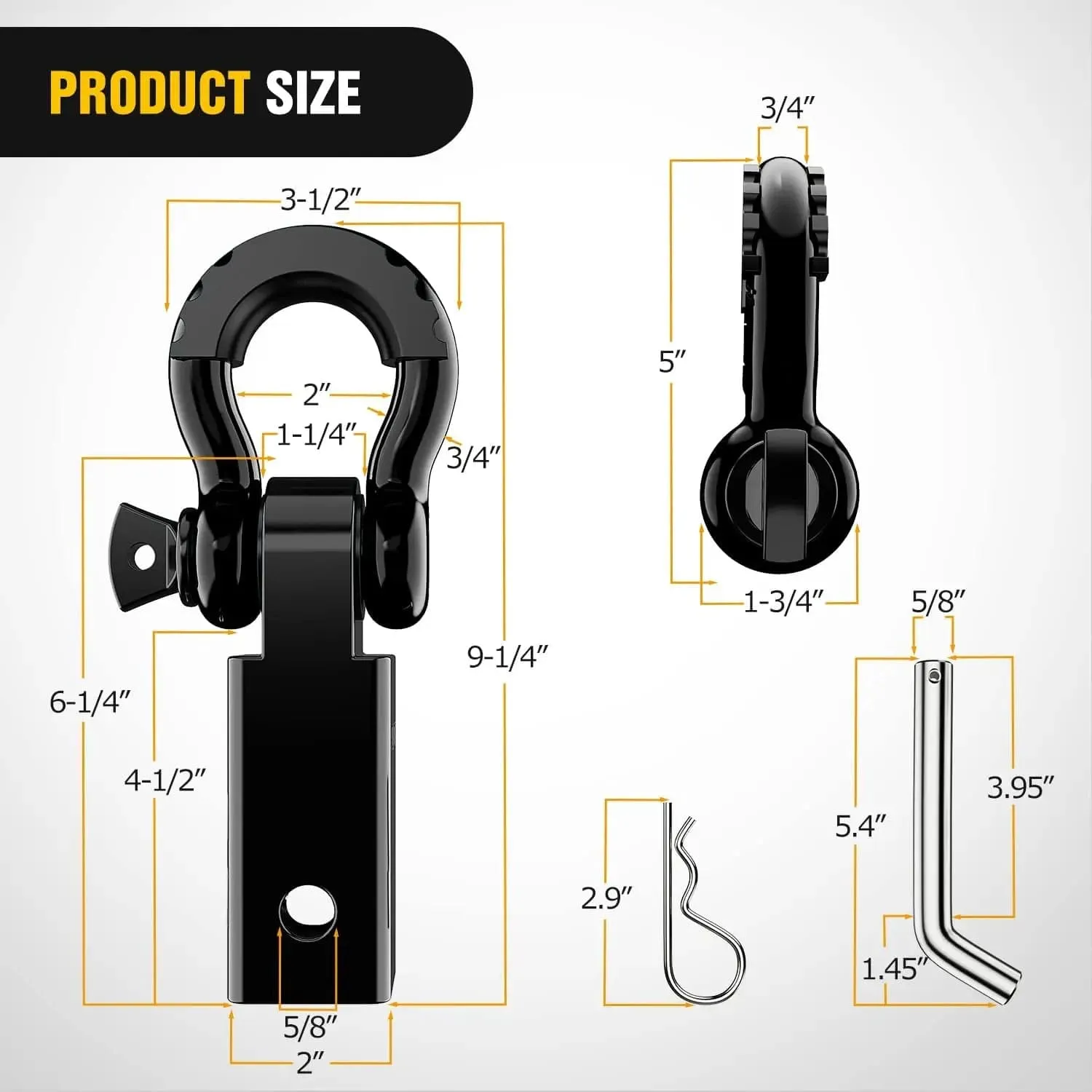 2 Inch Shackle Hitch Receiver 3/4 Inch D Ring Kit Black