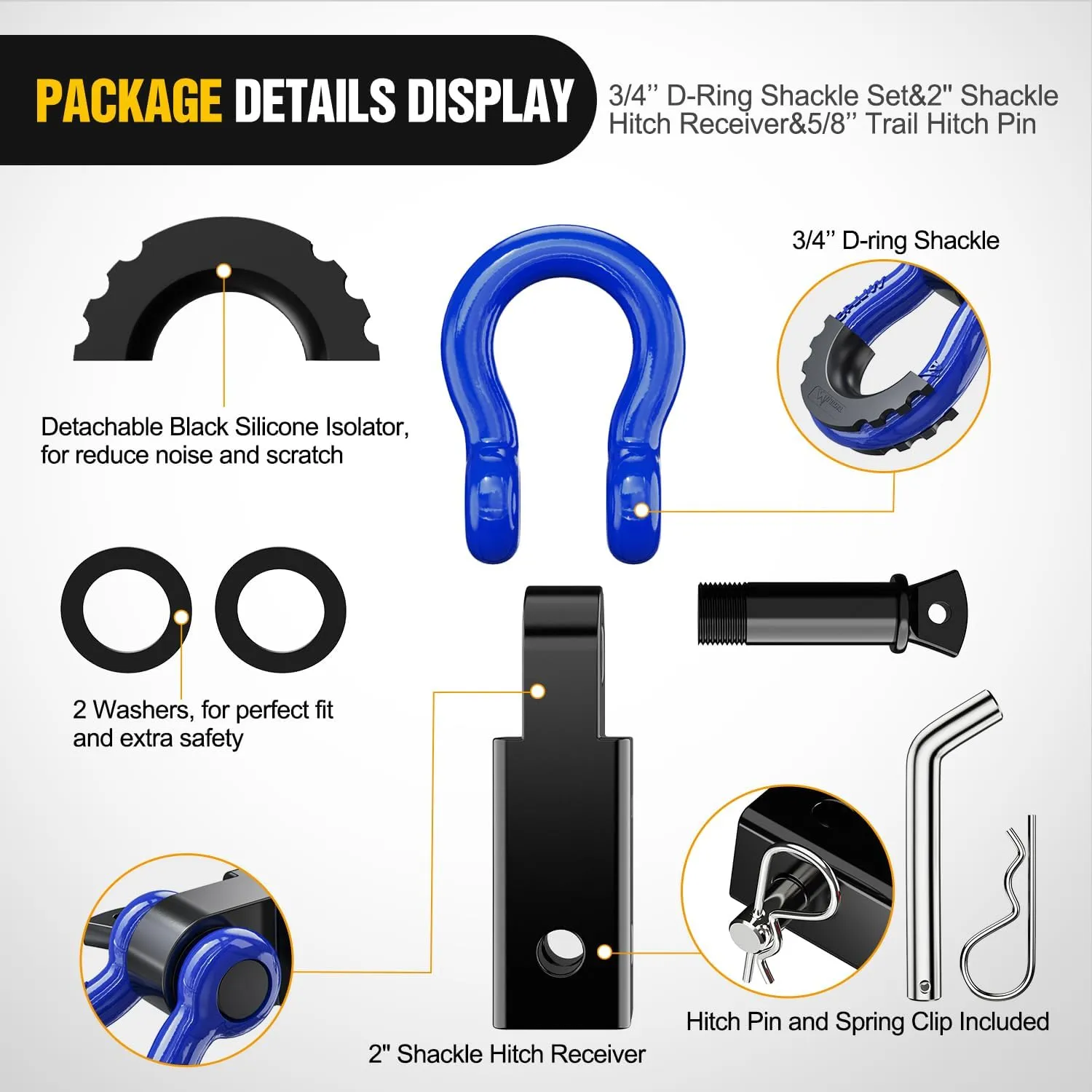 2 Inch Shackle Hitch Receiver 3/4 Inch D Ring Kit Blue