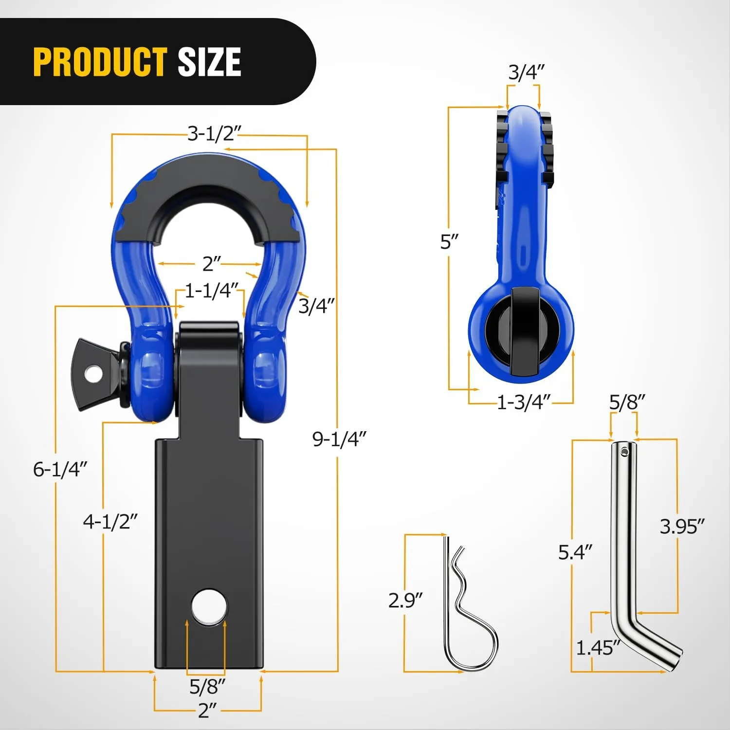 2 Inch Shackle Hitch Receiver 3/4 Inch D Ring Kit Blue
