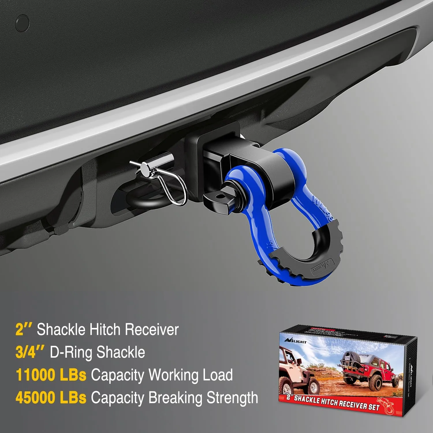 2 Inch Shackle Hitch Receiver 3/4 Inch D Ring Kit Blue