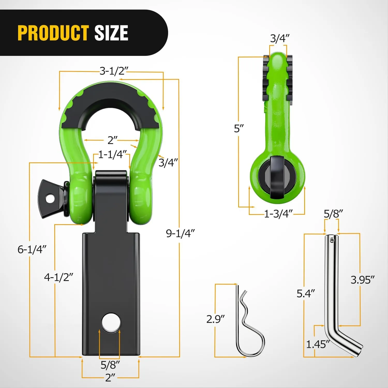 2 Inch Shackle Hitch Receiver 3/4 Inch D Ring Kit Green