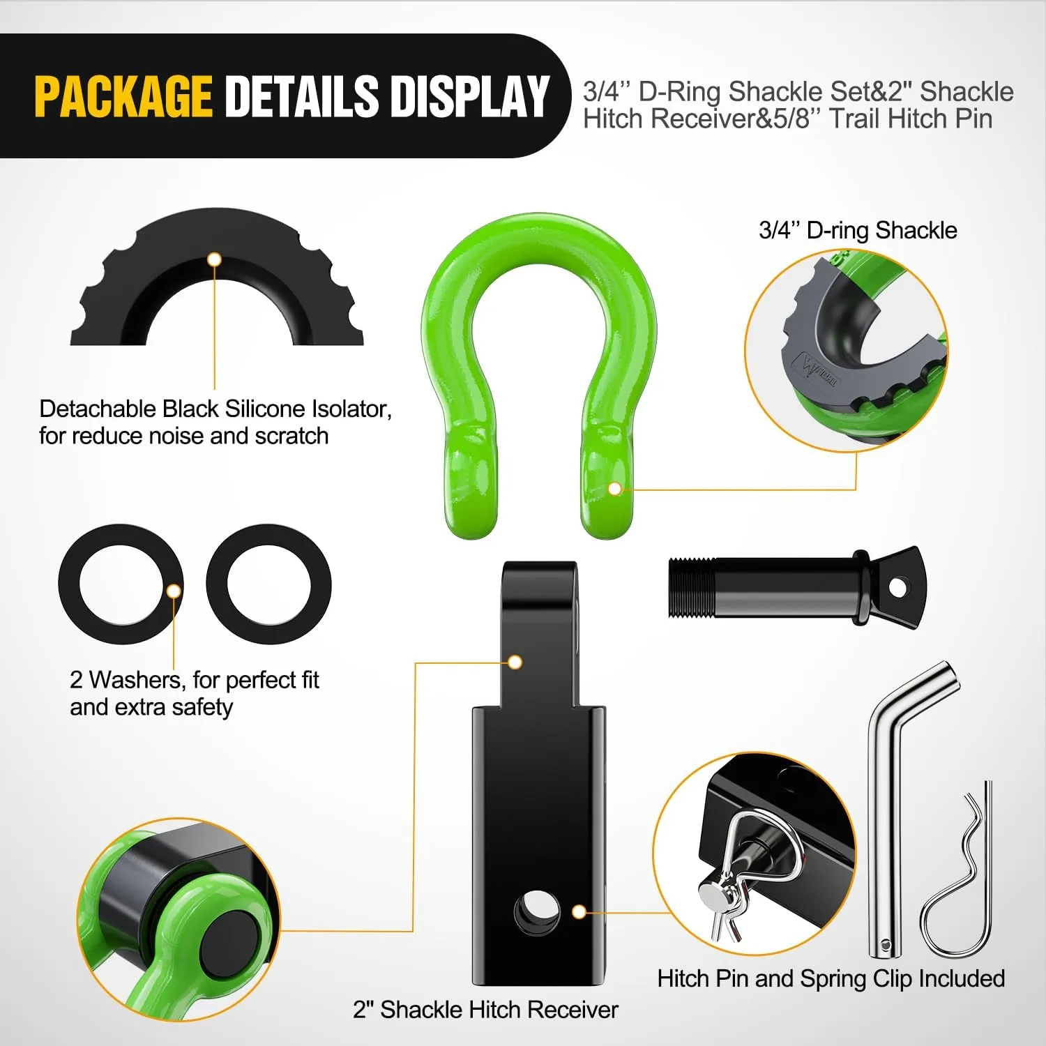 2 Inch Shackle Hitch Receiver 3/4 Inch D Ring Kit Green