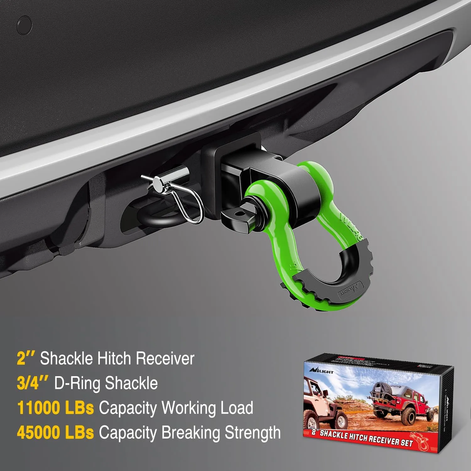 2 Inch Shackle Hitch Receiver 3/4 Inch D Ring Kit Green