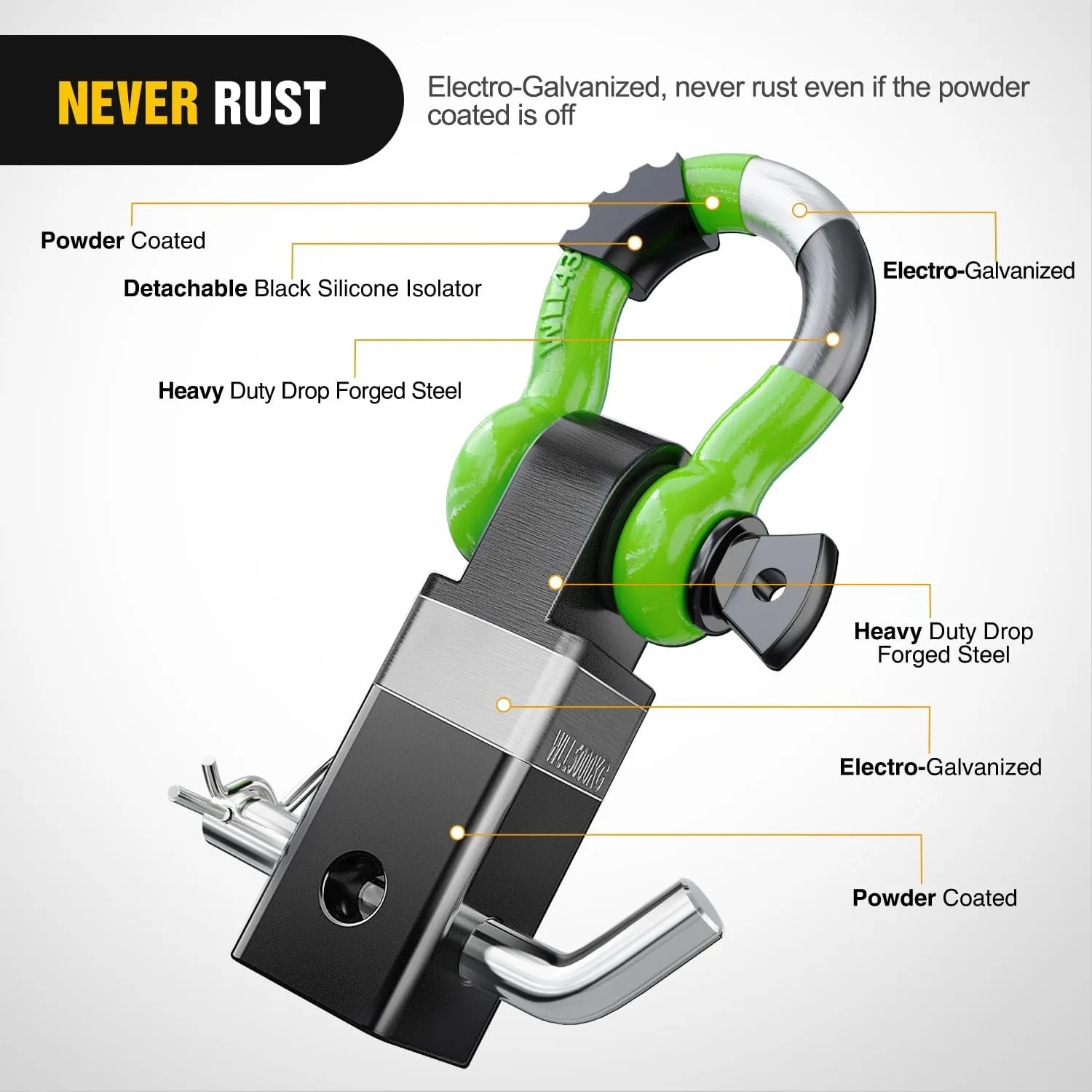 2 Inch Shackle Hitch Receiver 3/4 Inch D Ring Kit Green