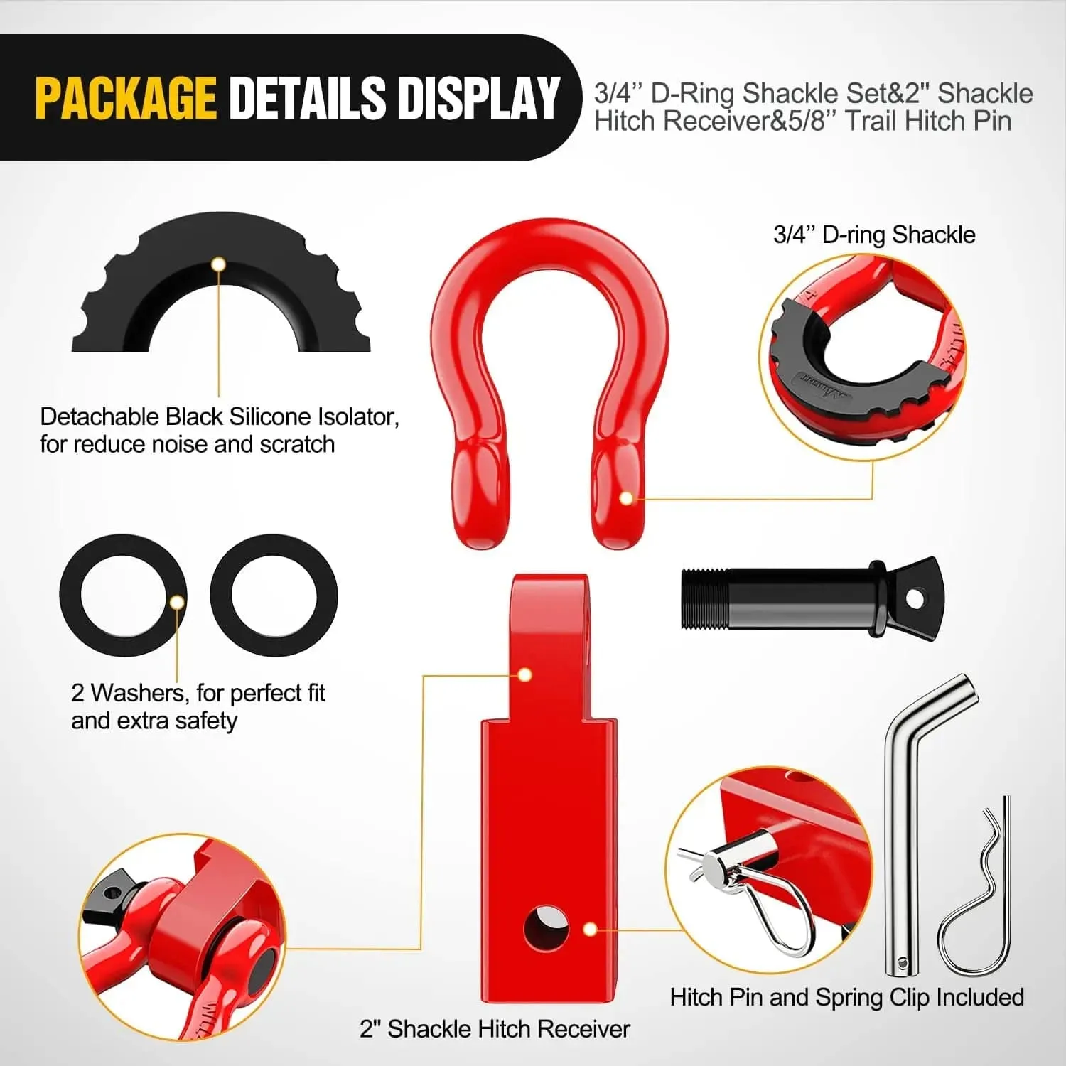 2 Inch Shackle Hitch Receiver 3/4 Inch D Ring Kit Red