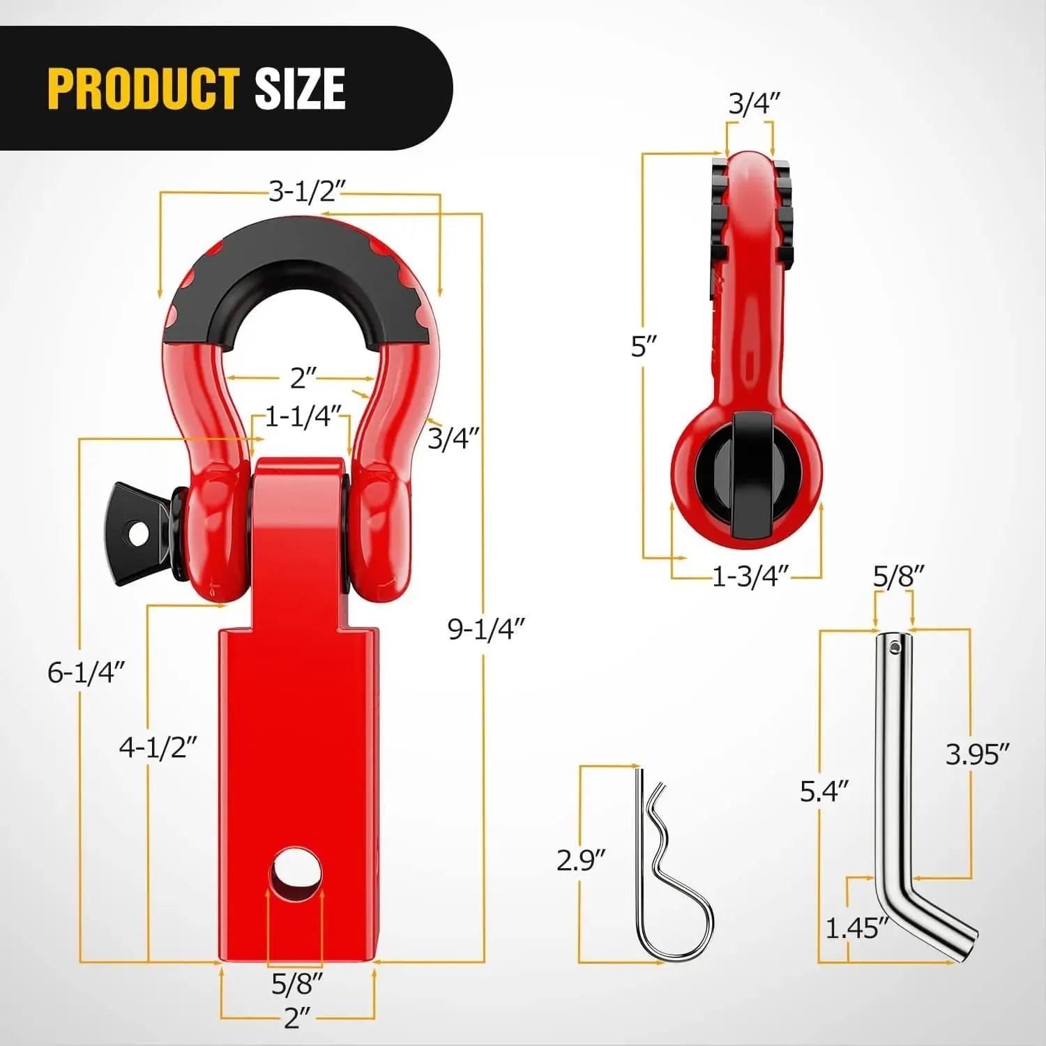 2 Inch Shackle Hitch Receiver 3/4 Inch D Ring Kit Red