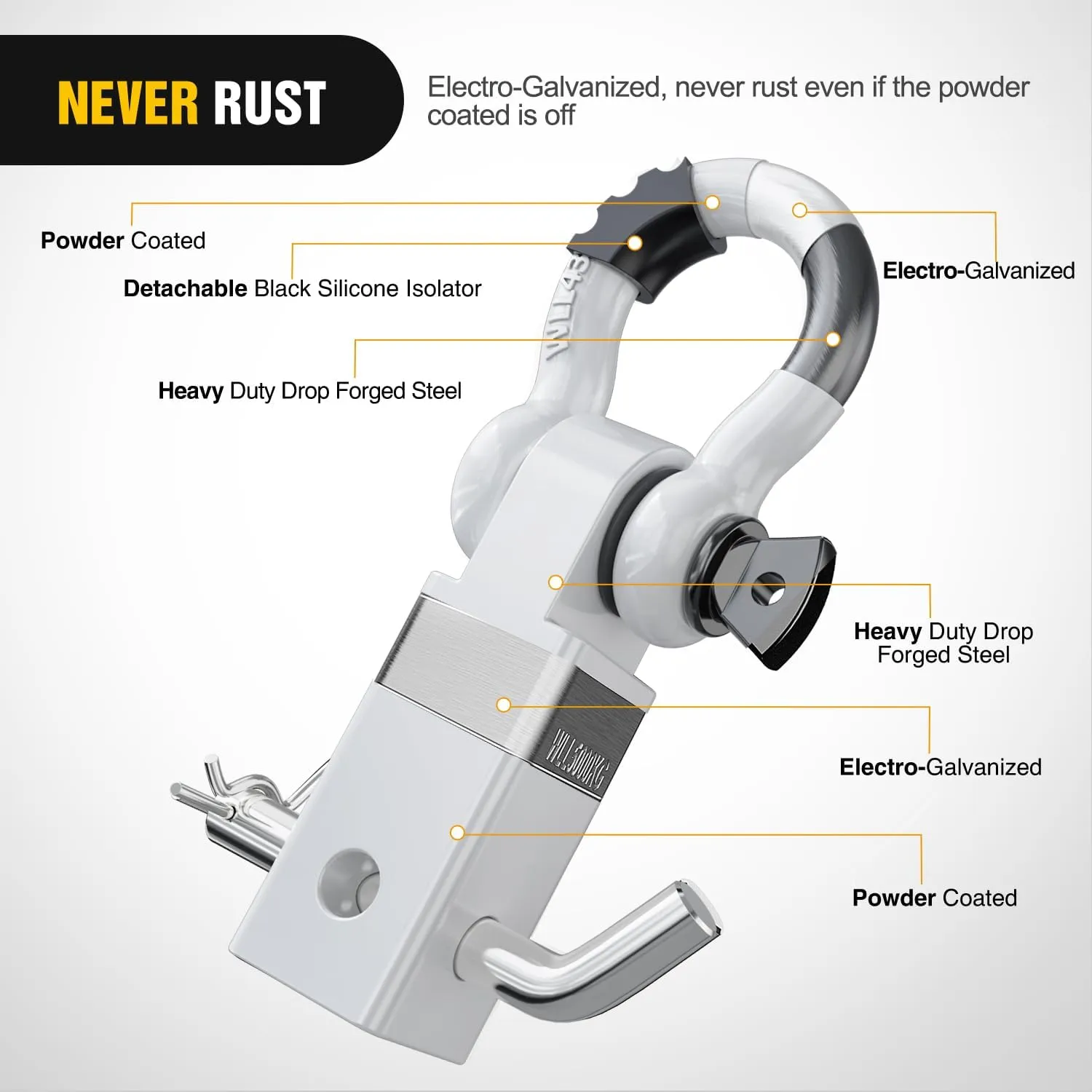 2 Inch Shackle Hitch Receiver 3/4 Inch D Ring Kit White
