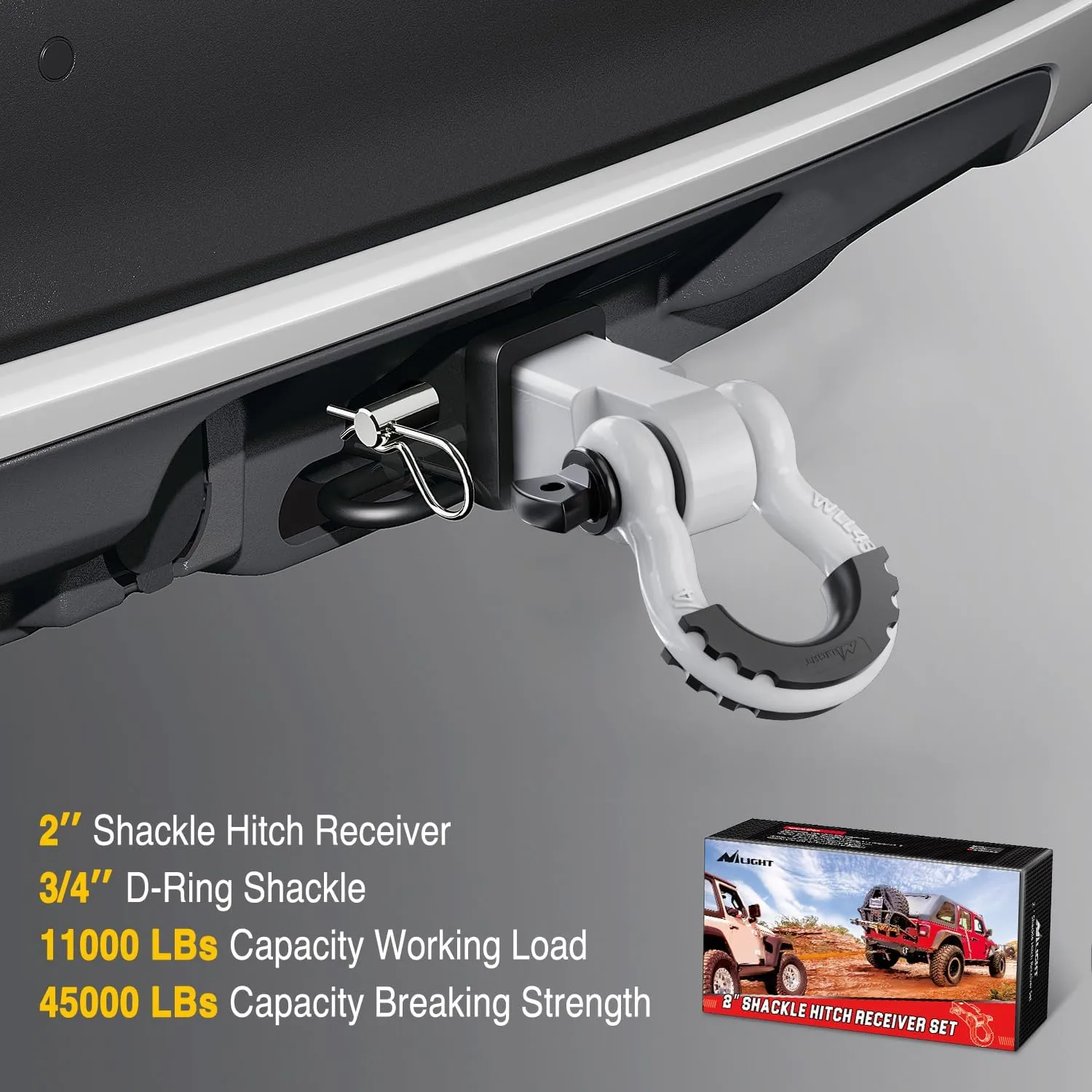2 Inch Shackle Hitch Receiver 3/4 Inch D Ring Kit White