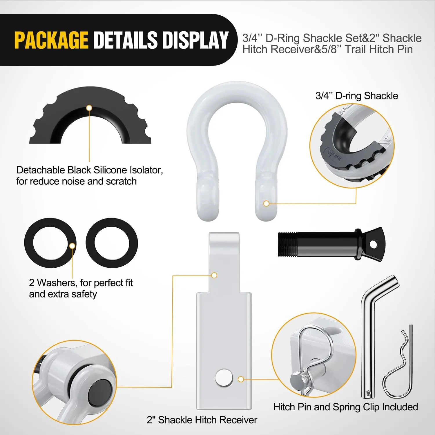 2 Inch Shackle Hitch Receiver 3/4 Inch D Ring Kit White