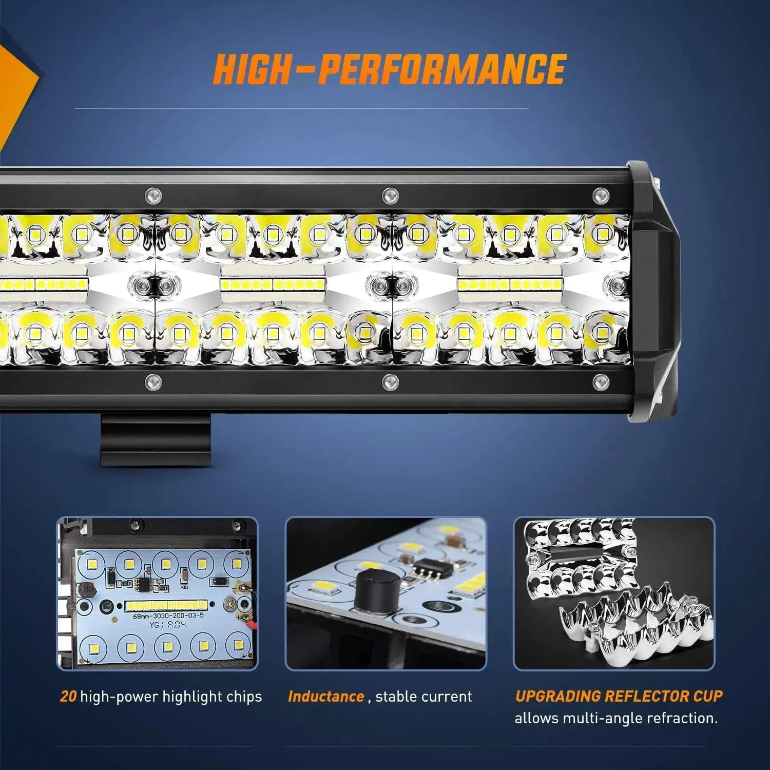 20 Inch 420W 42000LM Triple Row Spot Flood LED Light Bar | 16AWG Wire 3Pin Switch