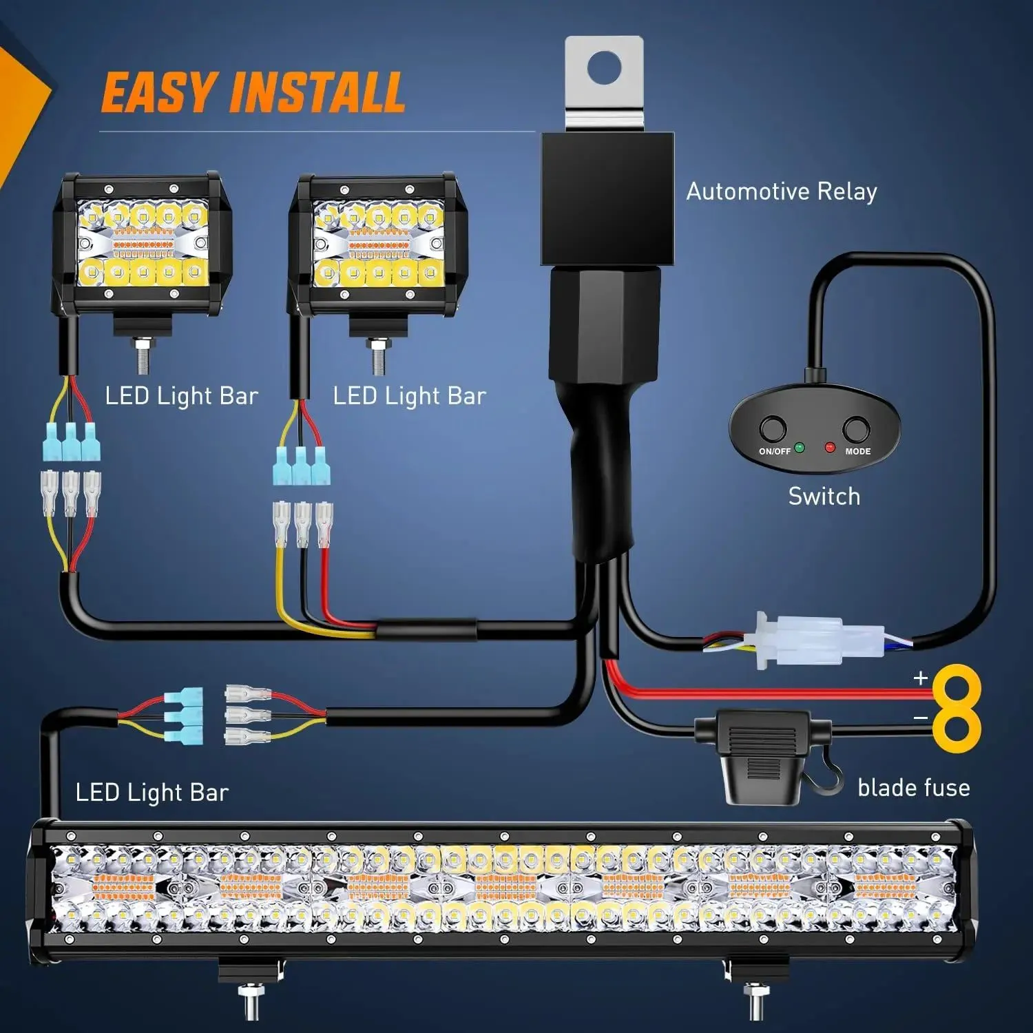 20 Inch 420W Amber White Strobe Spot Flood LED Light Bar Kit | 2PCS 4 Inch 60W Light Pods | 16AWG Wire 3 Leads