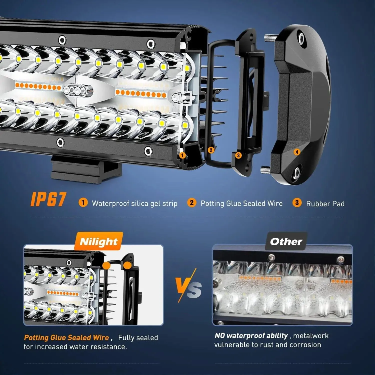 20 Inch 420W Amber White Strobe Spot Flood LED Light Bar Kit | 2PCS 4 Inch 60W Light Pods | 16AWG Wire 3 Leads