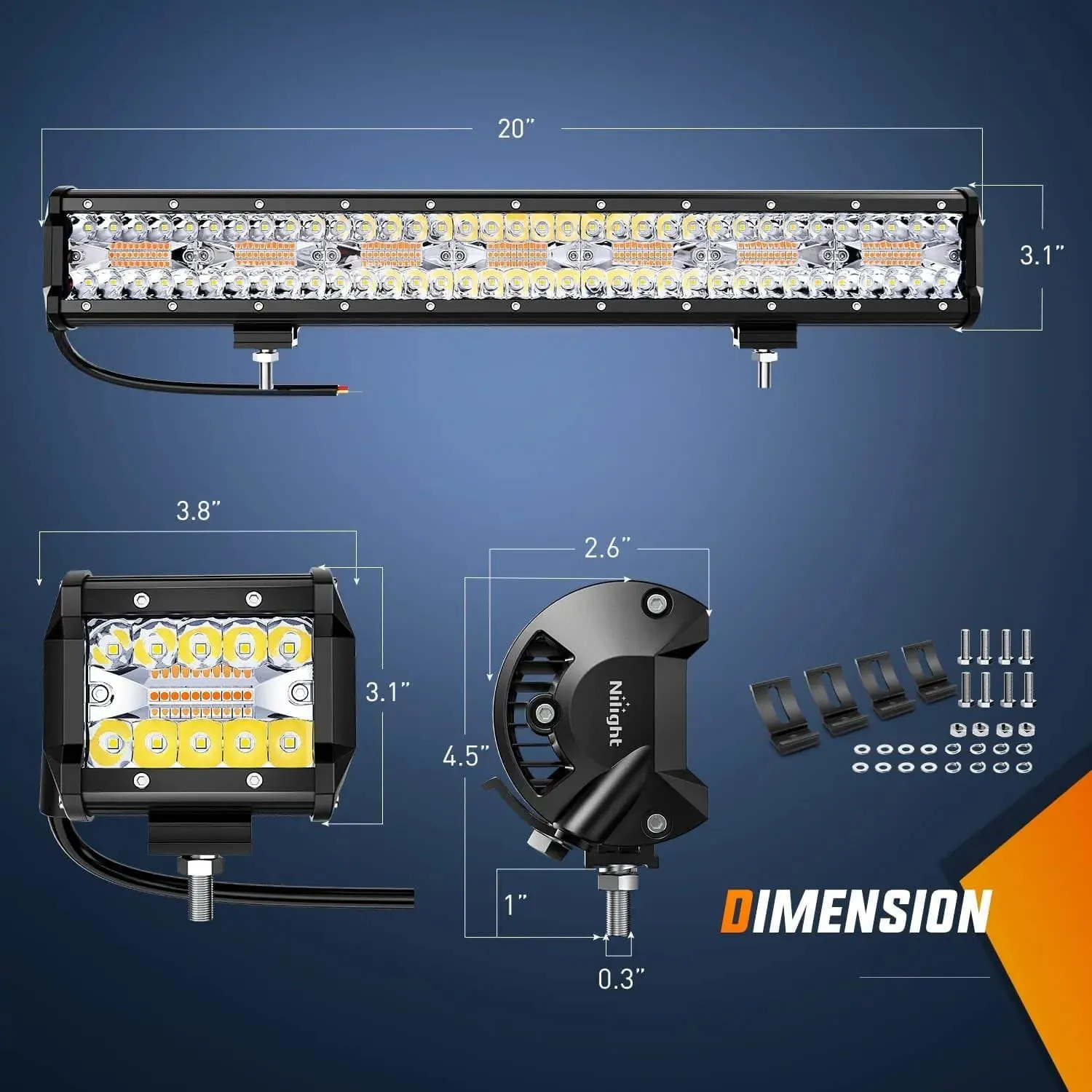 20 Inch 420W Amber White Strobe Spot Flood LED Light Bar Kit | 2PCS 4 Inch 60W Light Pods | 16AWG Wire 3 Leads