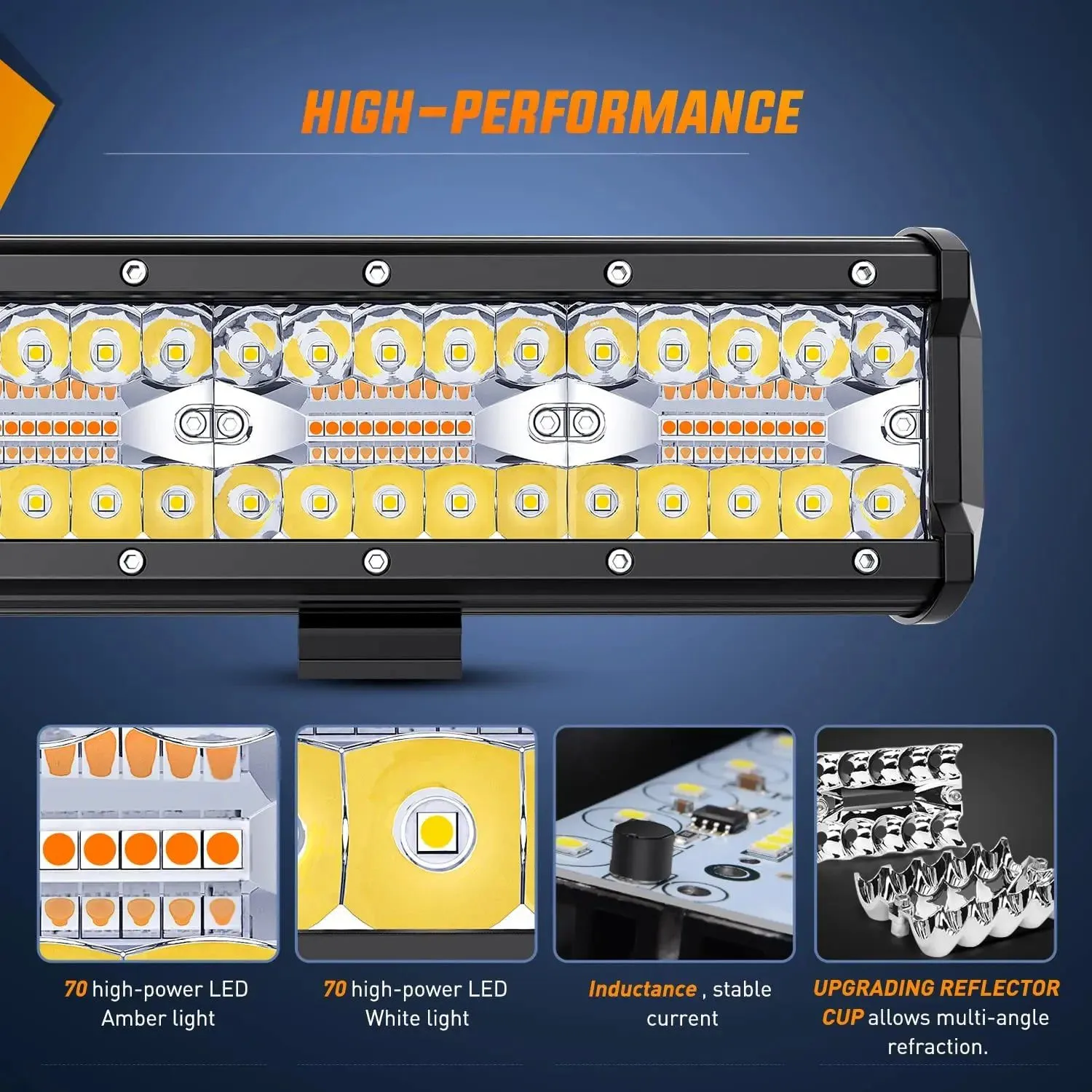 20 Inch 420W Amber White Strobe Spot Flood LED Light Bar Kit | 2PCS 4 Inch 60W Light Pods | 16AWG Wire 3 Leads