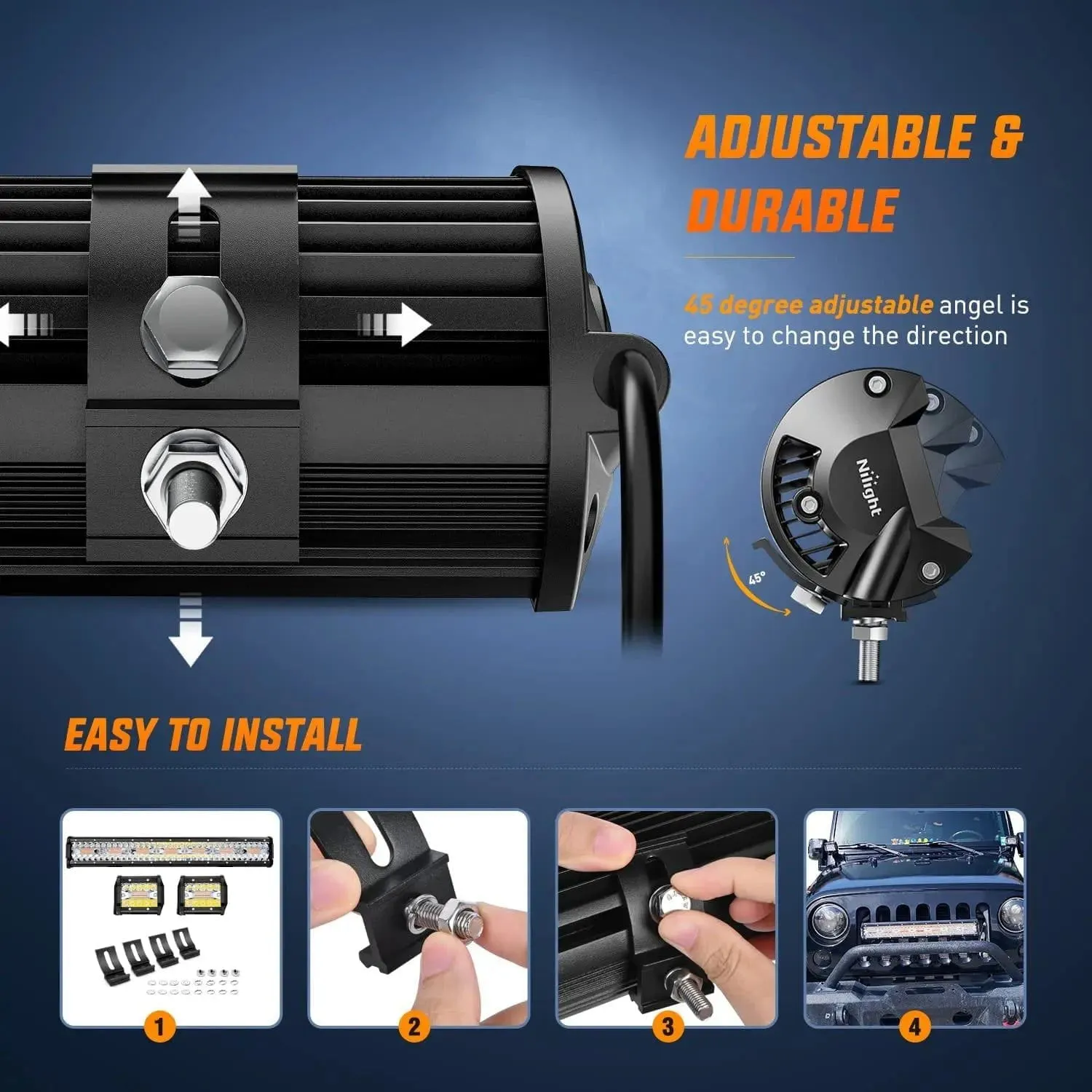 20 Inch 420W Amber White Strobe Spot Flood LED Light Bar Kit | 2PCS 4 Inch 60W Light Pods | 16AWG Wire 3 Leads