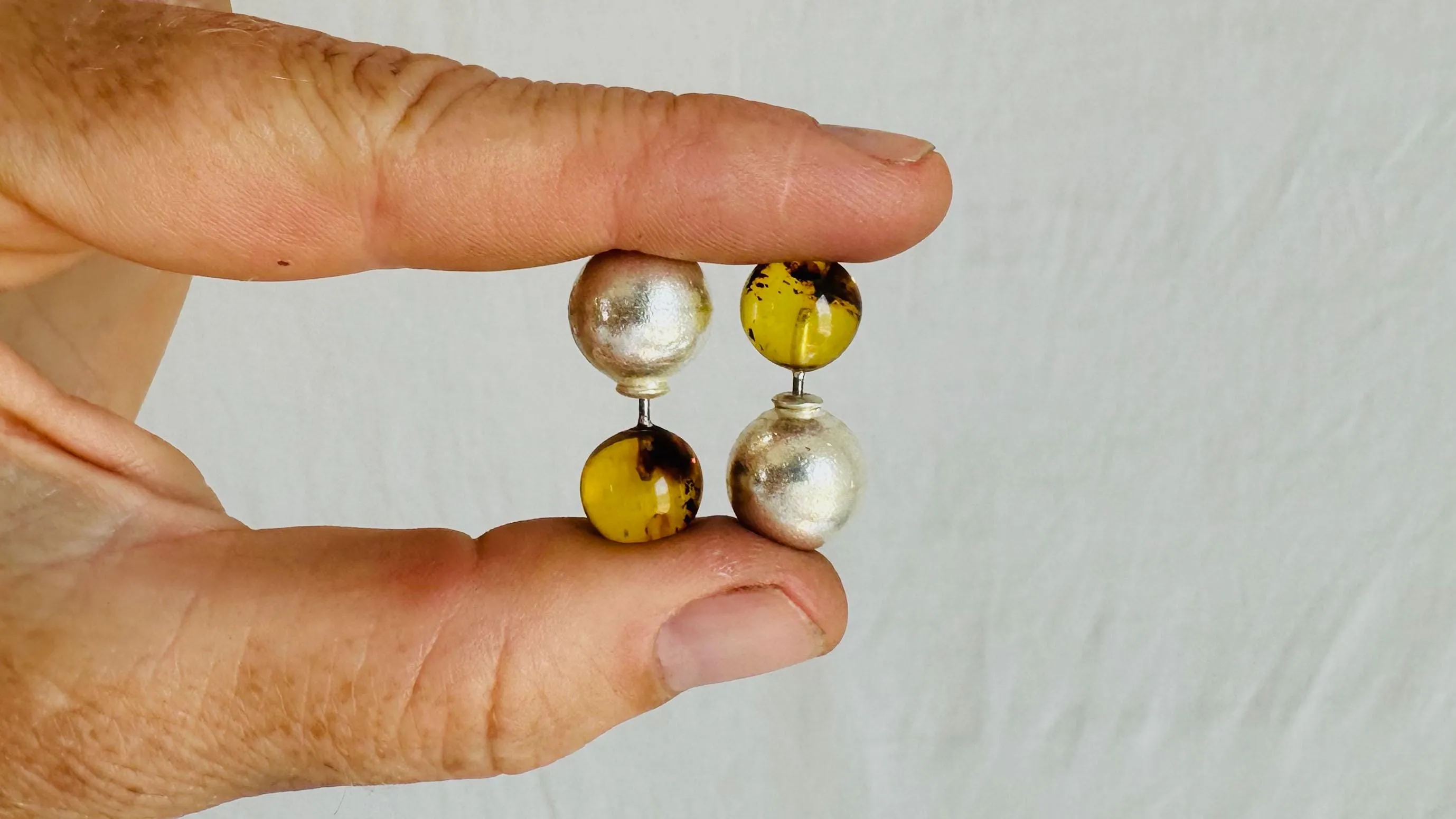 Amber Barbell Earrings. Double Sided. Sterling Silver. 2082