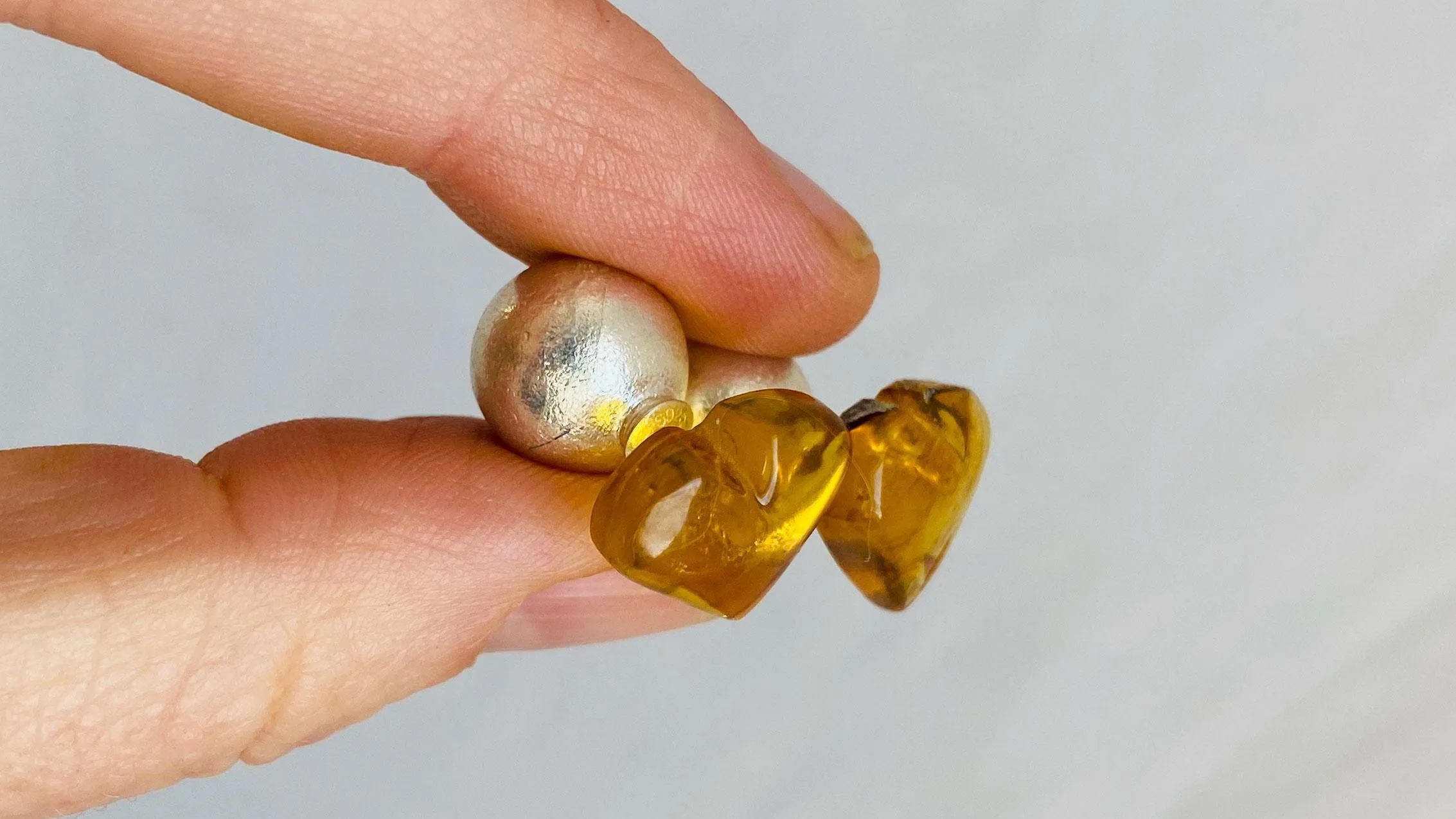 Amber Heart Barbell Earrings. Double Sided. 1226
