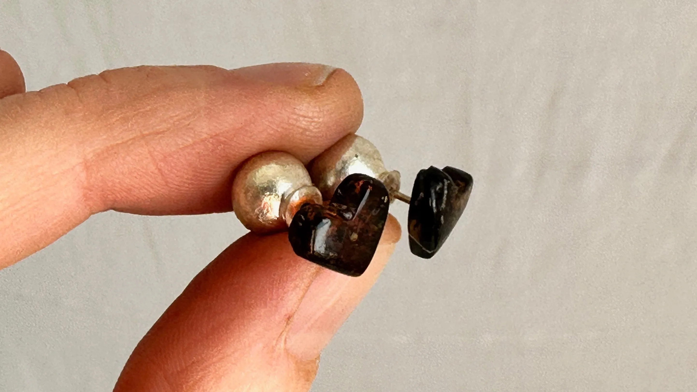 Amber Heart Barbell Earrings. Double Sided. 1228