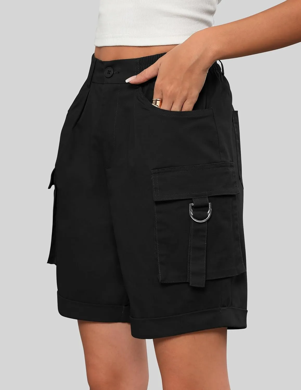 Bermuda Shorts for Women Cargo Cotton Shorts High Waist Knee Length 6 Pockets 2025 Summer Casual Long Shorts