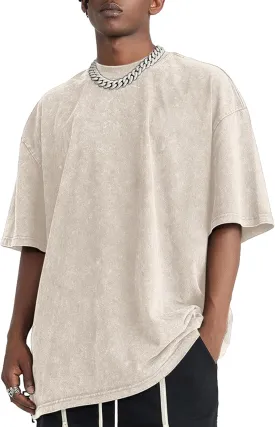 Bobeutou Oversized Vintage Acid Wash Tshirt for Men Cotton Solid T Shirt Streetwear Basic Tees Casual Baggy Loose Shirts Tops