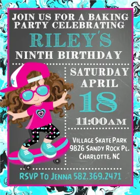 Girls Skateboard Birthday Party Invitations