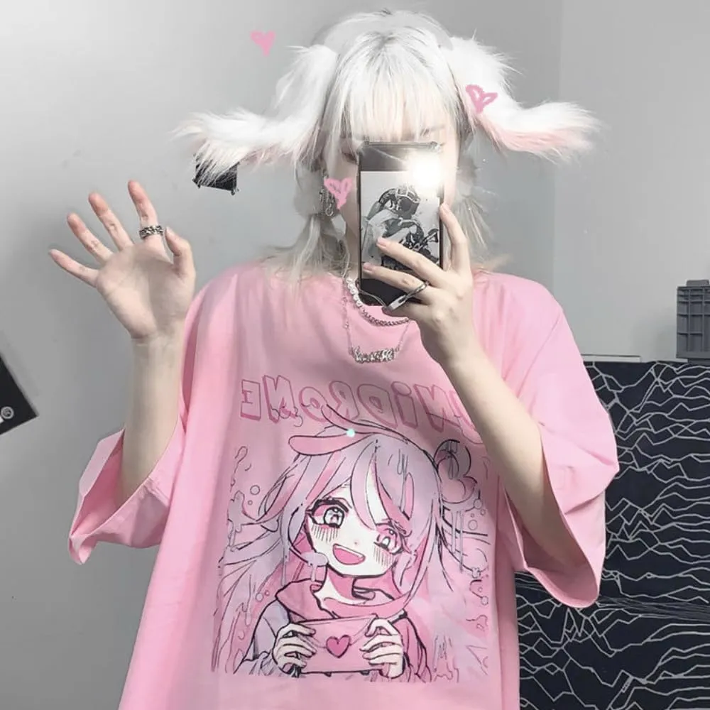 Kawaii Cute Oversized T Shirts for Women Baggy Preppy Anime Korean Graphic Tees Japanese Cutecore Harajuku Y2k Clothing