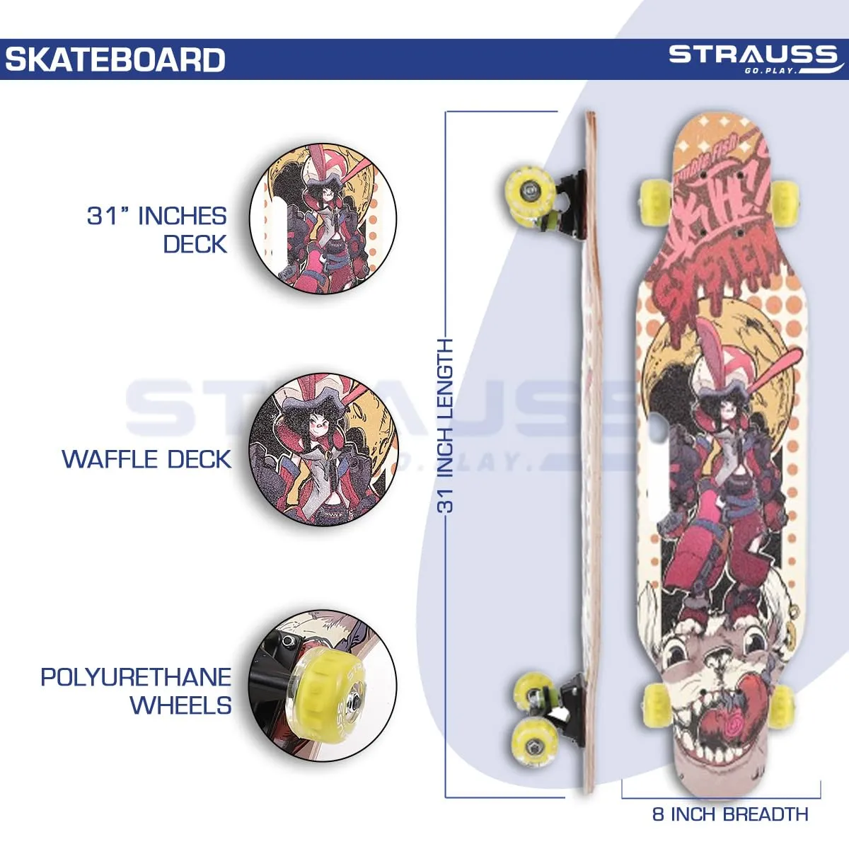 STRAUSS Spunkz Skateboard | Penny Skateboard | Casterboard | Hoverboard | Anti-Skid Board with High Precision Bearings | Wheels with Light | Ideal for All above 8 Years (31 X 8 Inch), (Warrior)