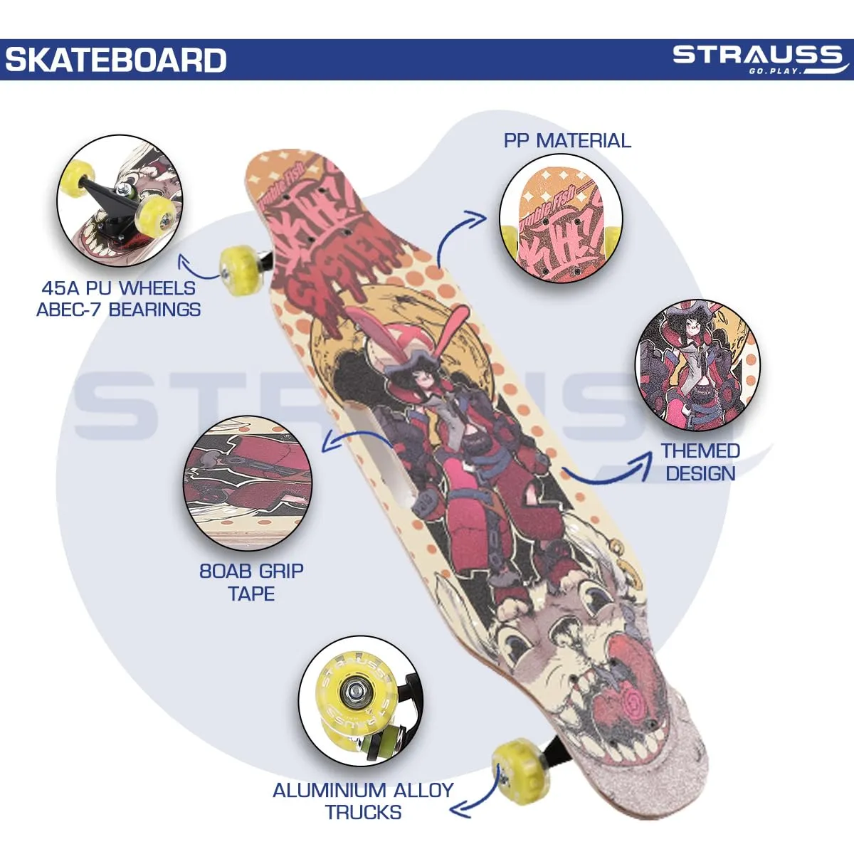 STRAUSS Spunkz Skateboard | Penny Skateboard | Casterboard | Hoverboard | Anti-Skid Board with High Precision Bearings | Wheels with Light | Ideal for All above 8 Years (31 X 8 Inch), (Warrior)