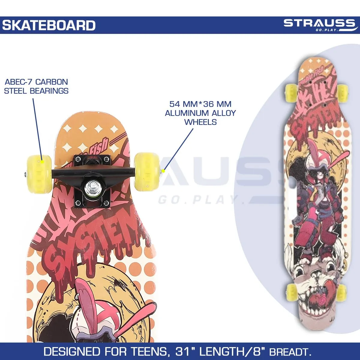 STRAUSS Spunkz Skateboard | Penny Skateboard | Casterboard | Hoverboard | Anti-Skid Board with High Precision Bearings | Wheels with Light | Ideal for All above 8 Years (31 X 8 Inch), (Warrior)