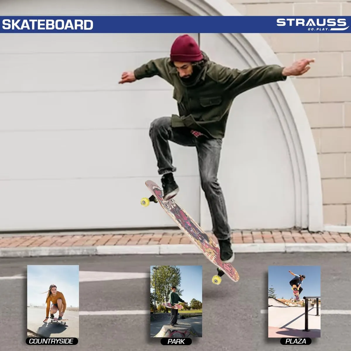 STRAUSS Spunkz Skateboard | Penny Skateboard | Casterboard | Hoverboard | Anti-Skid Board with High Precision Bearings | Wheels with Light | Ideal for All above 8 Years (31 X 8 Inch), (Warrior)