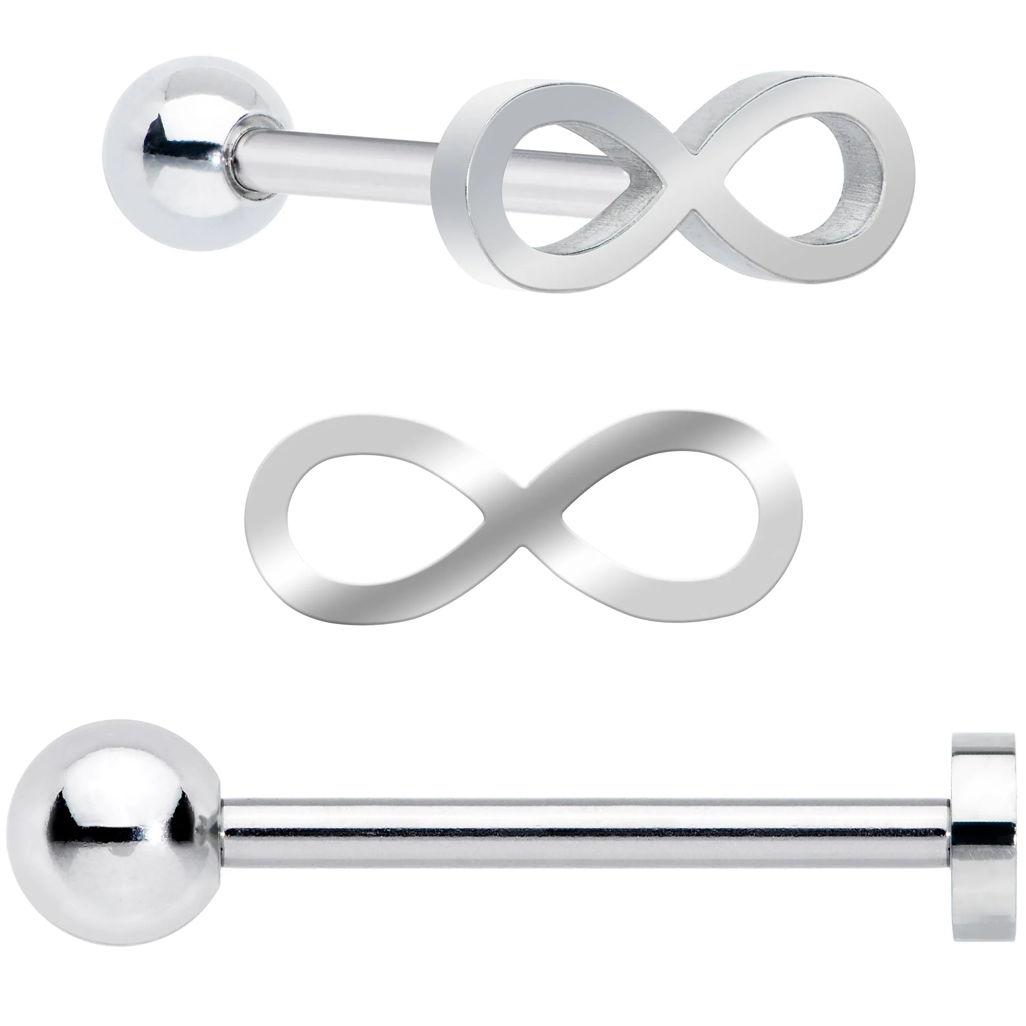 White Faux Opal Rainbow Infinity Heart Barbell Tongue Ring Set of 3